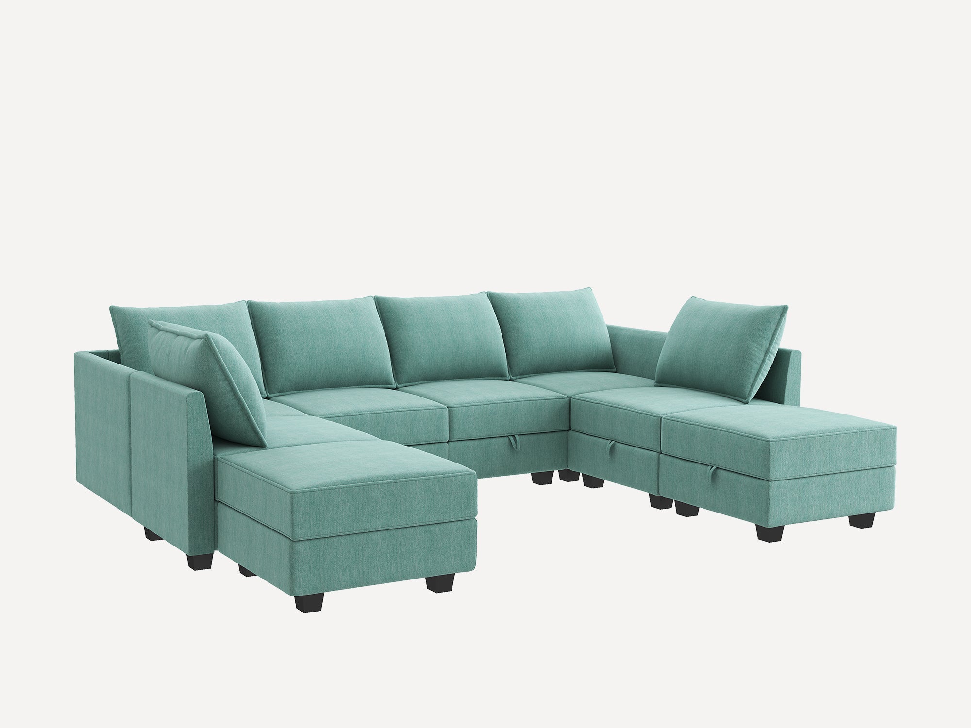 HONBAY Polyester 112.6'' Wide 6-Seater Modular Sectional Sofa Bed Couch with Storage Ottoman#Color_Aqua Blue