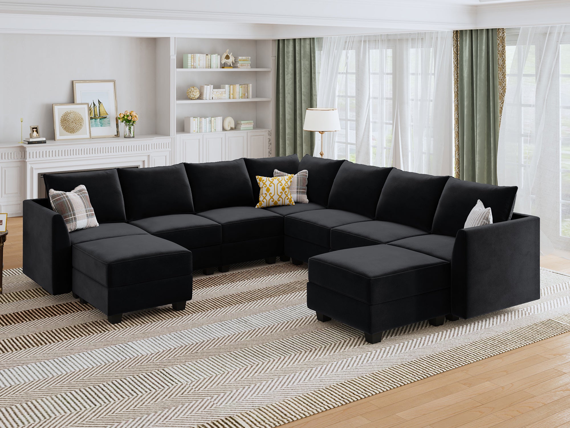 HONBAY Velvet 7-Seat Modular Sofa Corner Sectional Couch With Storage Seat #Color_Black