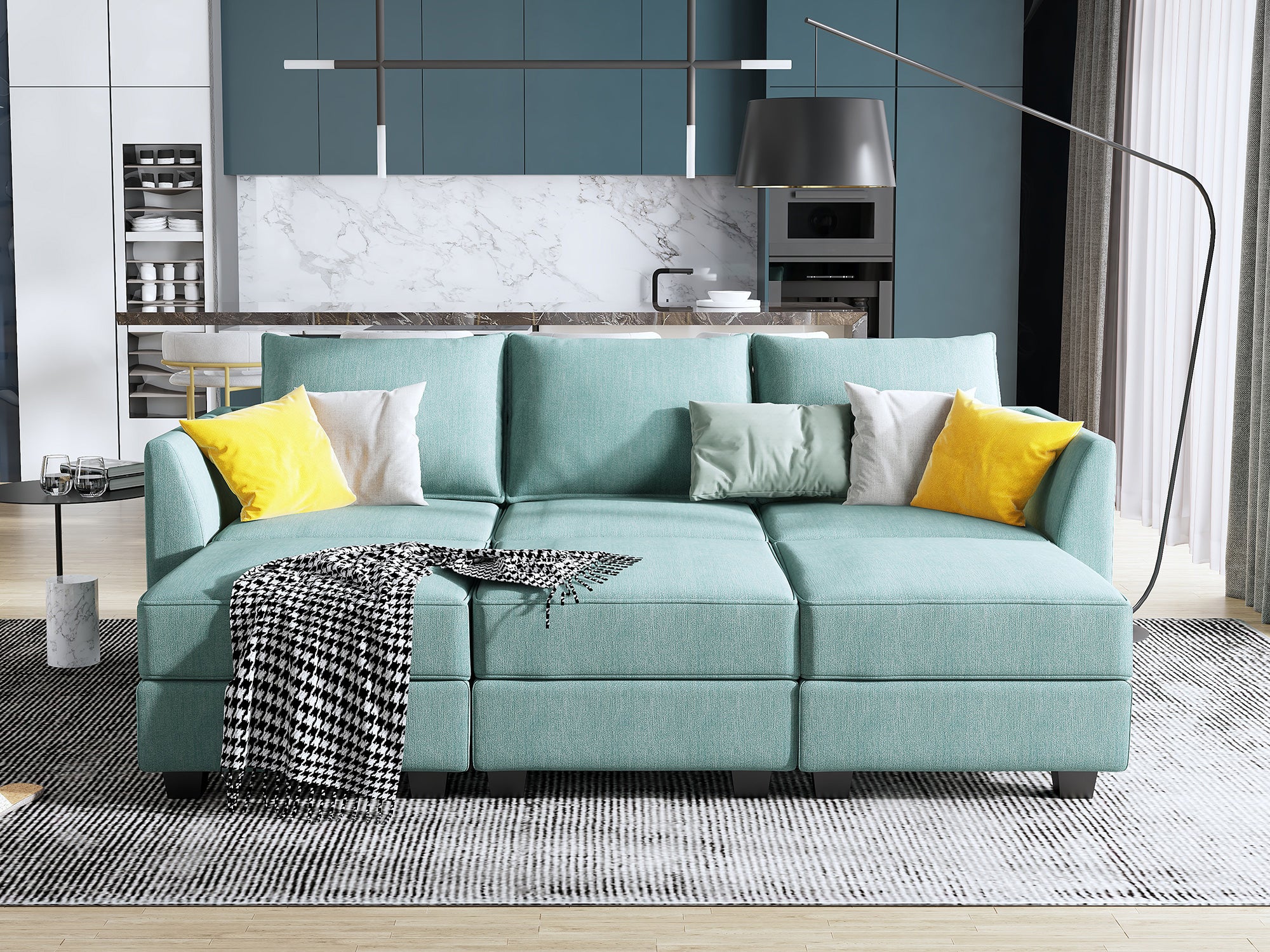HONBAY 3-Seat Modular Sofa with Storage & Convertible Sofa Bed #Color_Aqua Blue