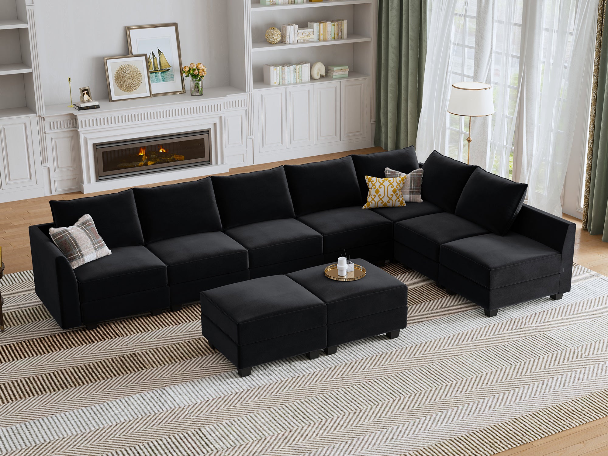 HONBAY Velvet 87'' Modular Sofa Sectional Bed Sleeper Couch With Storage Seat #Color_Black