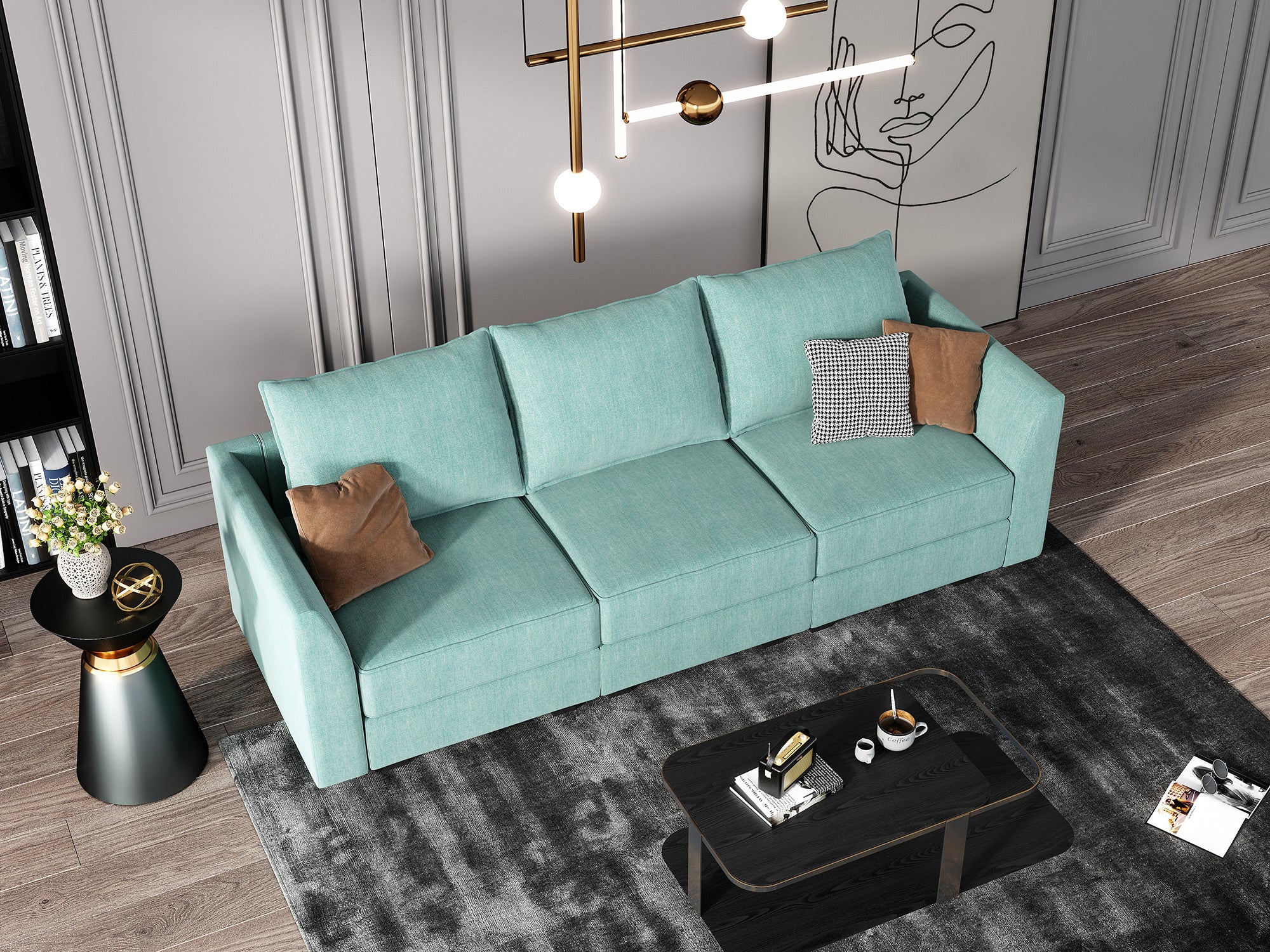 HONBAY 3-Seat Modular Sofa with Storage#Color_Aqua Blue