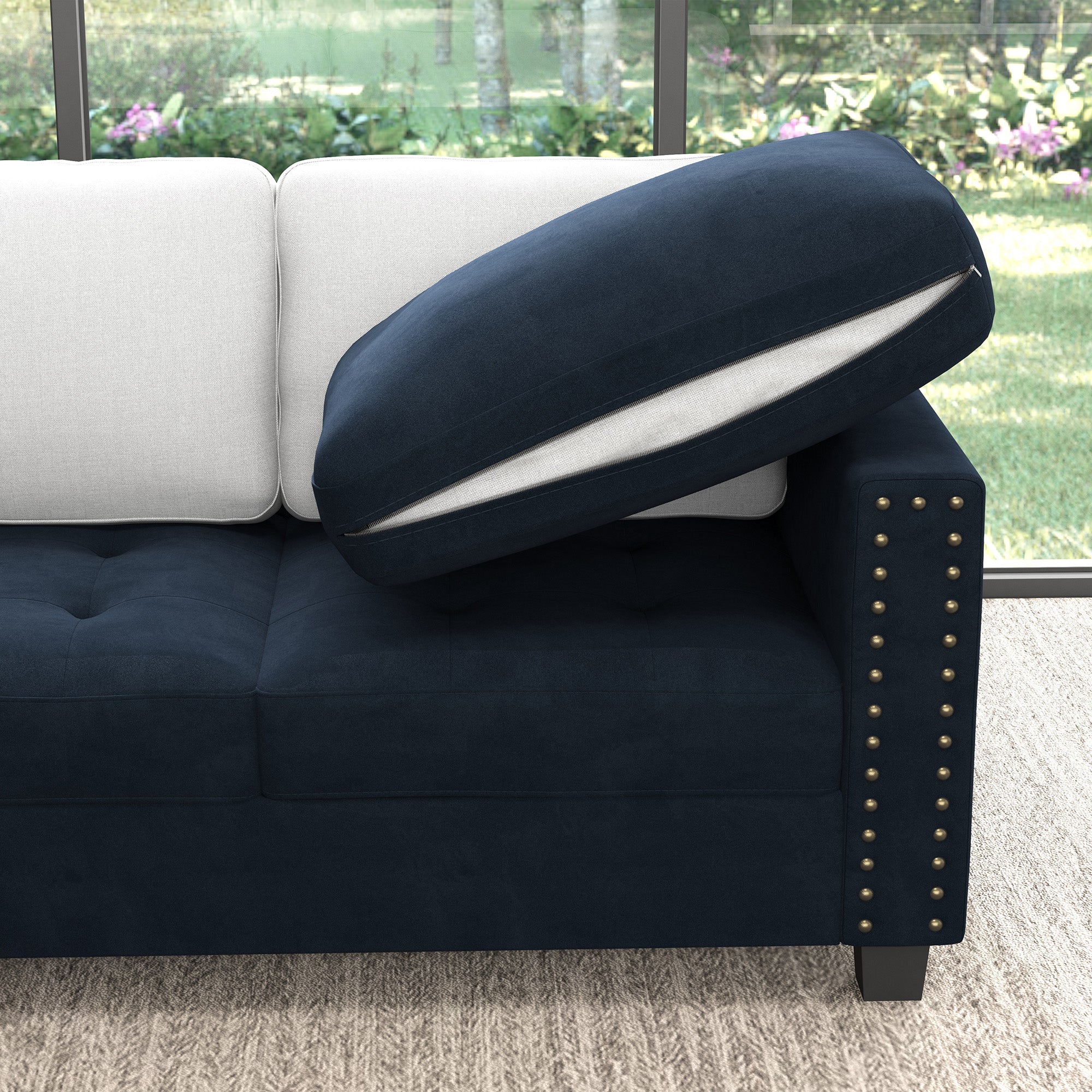 HONBAY Velvet Sectional Couch, U Shaped Sectional Sofa with Chaise Modular Sectional with Storage Ottoman for Living Room #Color_Dark Blue