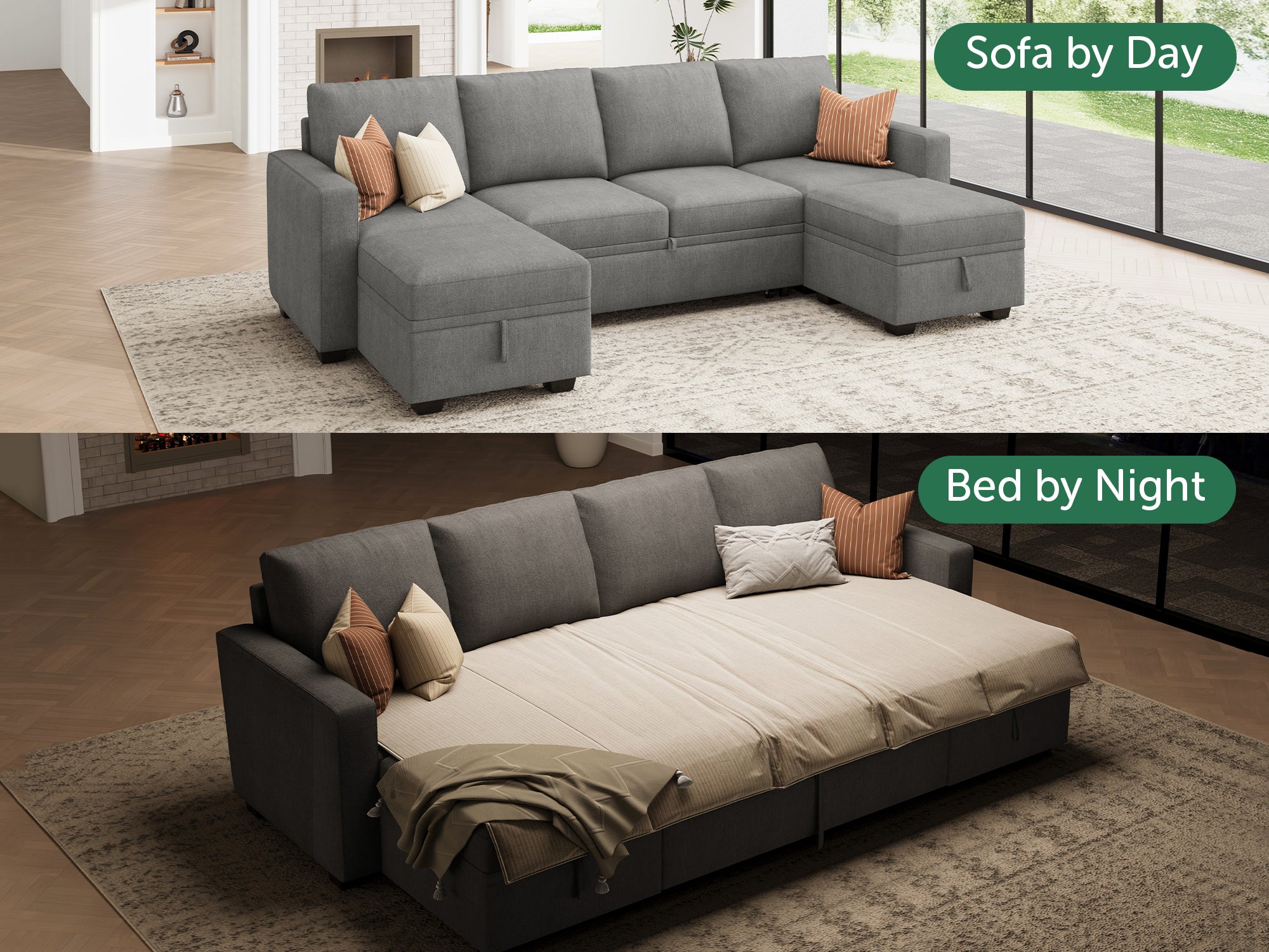 HONBAY Sleep Modular Sofa 6-Seat Sofa Bed with 4-Storage Space #Color_Warm Grey