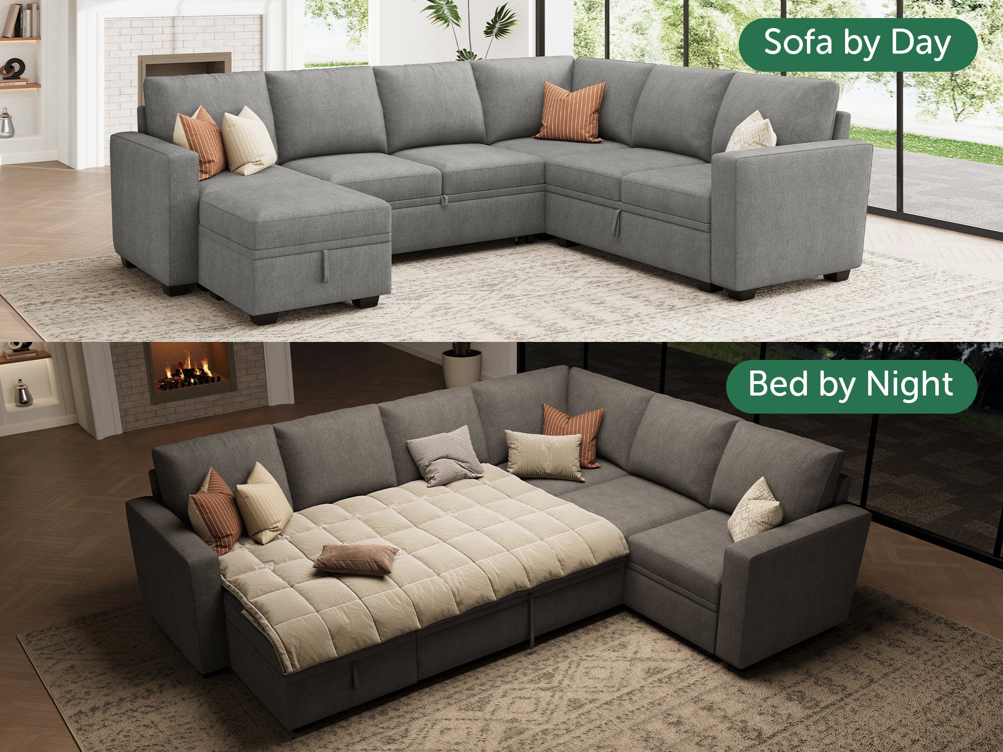 HONBAY Sleep Modular Sofa 7-Seat Sofa Bed with 4-Storage Space #Color_Warm Grey