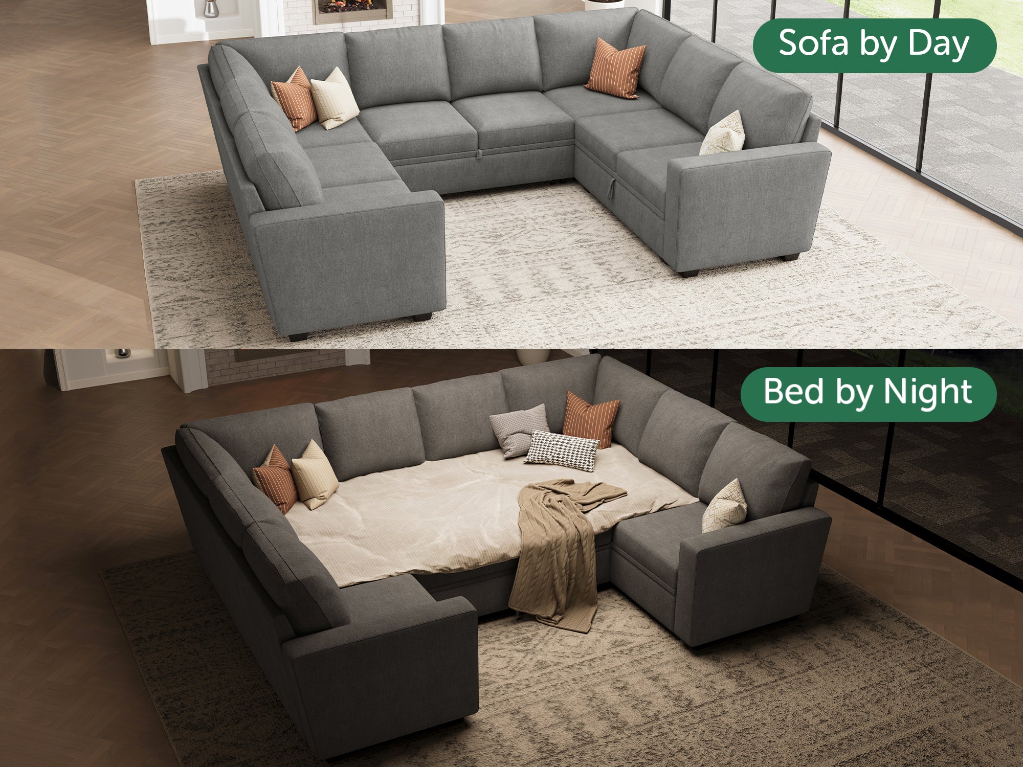 HONBAY 8-Piece Modular Sleeper Sectional With Storage Space #Color_Warm Grey