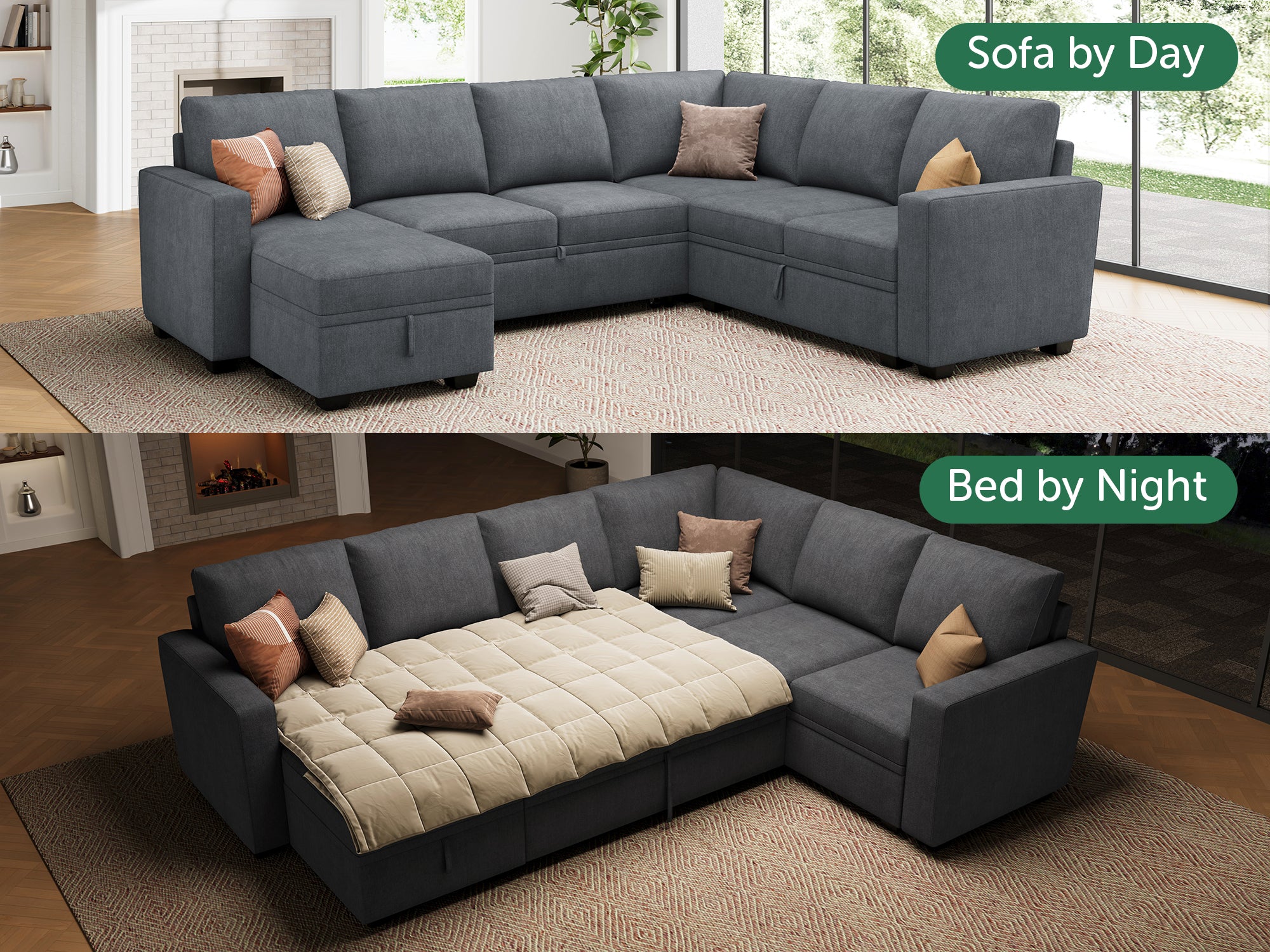 HONBAY Sleep Modular Sofa 7-Seat Sofa Bed with 4-Storage Space #Color_Bluish Grey