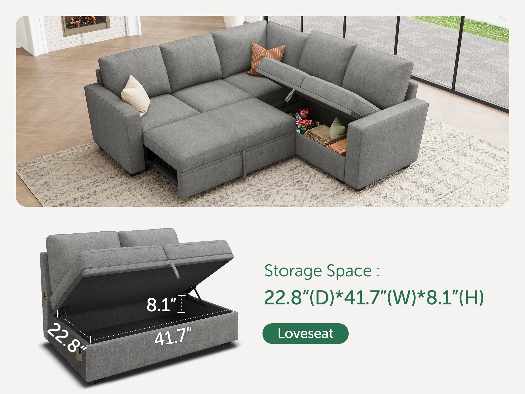 HONBAY 5-Piece Polyester Modular Sleeper Sectional With Storage Space #Color_Warm Grey