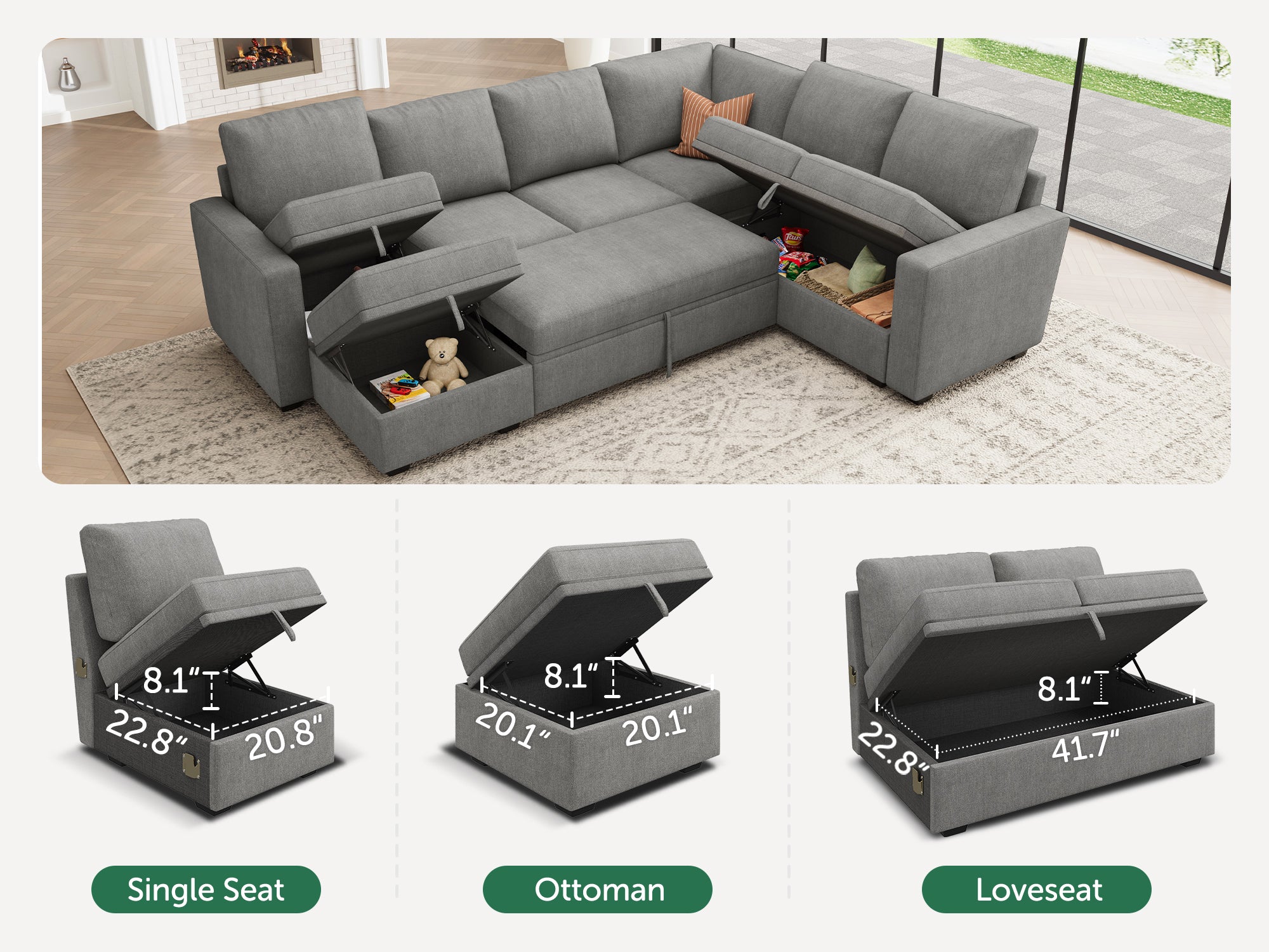 HONBAY Sleep Modular Sofa 7-Seat Sofa Bed with 4-Storage Space #Color_Warm Grey