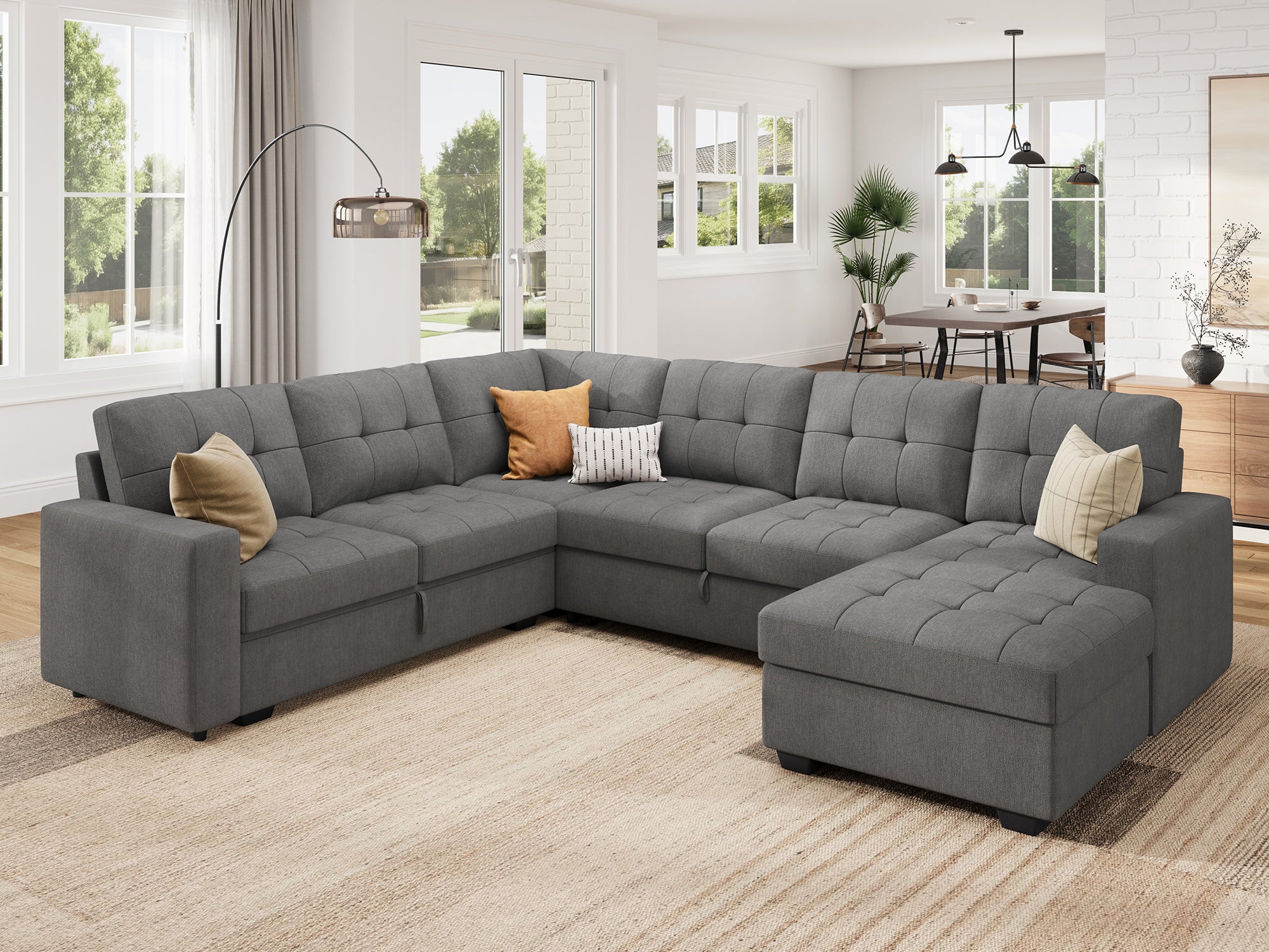 HONBAY 6-Piece Polyester Sleeper Sectional Sofa With Storage Space