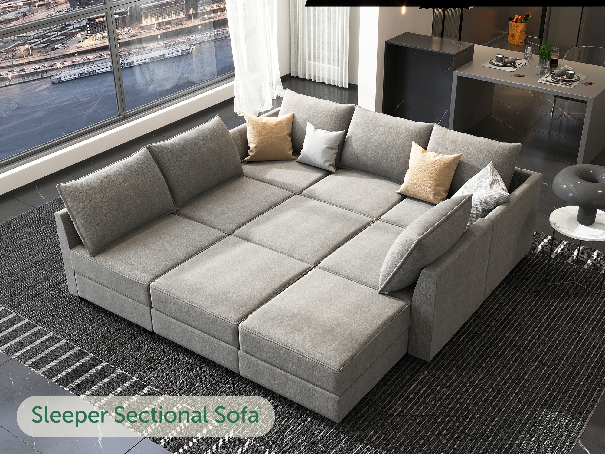 HONBAY 3-Seat Modular Sofa with Storage & Convertible Sofa Bed