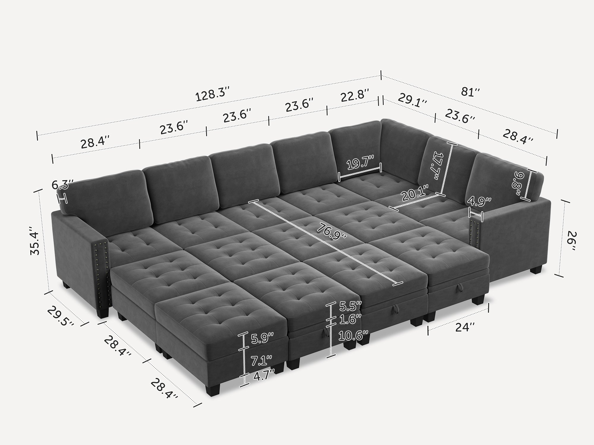 HONBAY 15-Piece Velvet Modular Sleeper Sectional With Storage Space