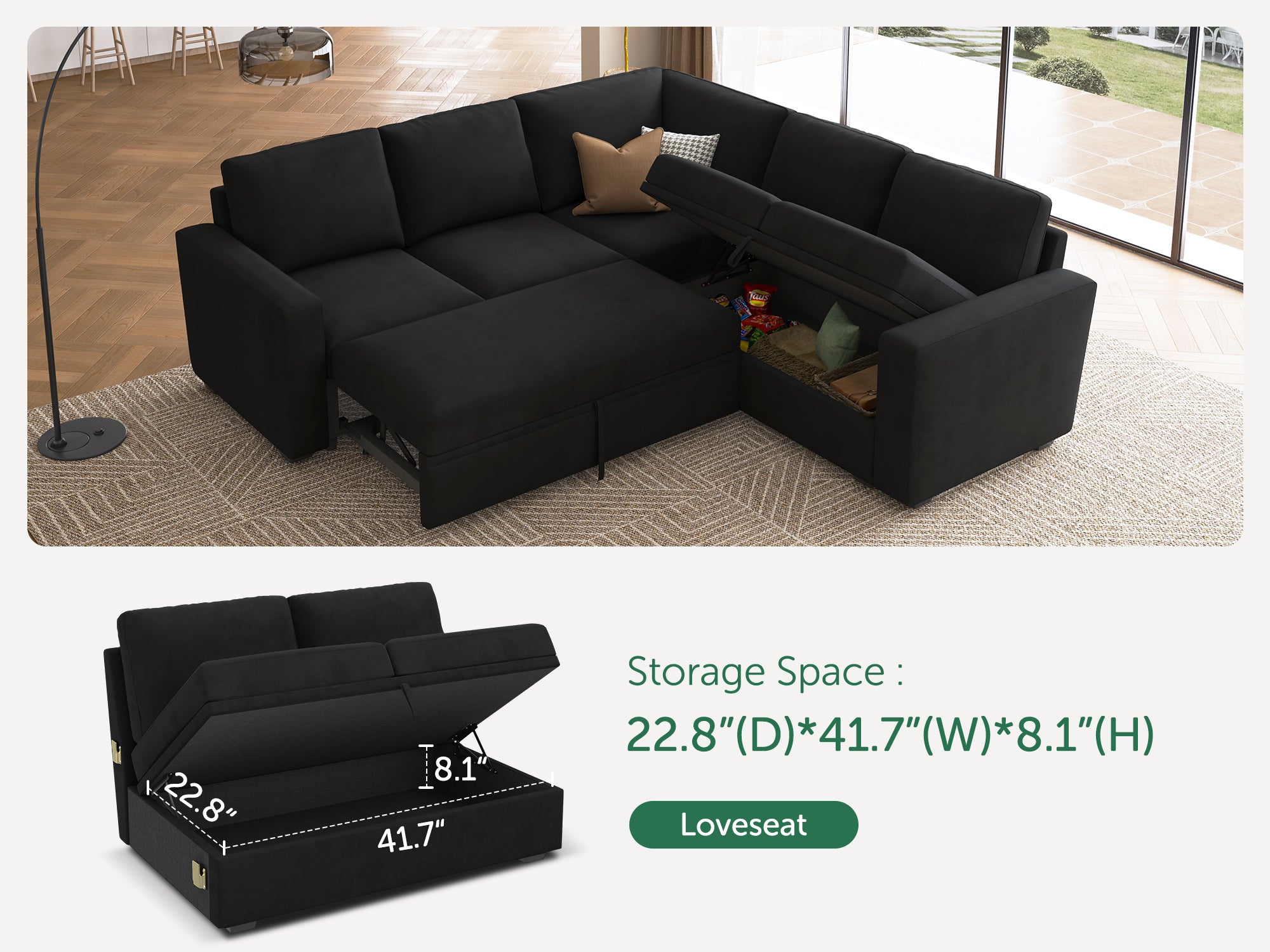 HONBAY 5-Piece Velvet Modular Sleeper Sectional With Storage Space