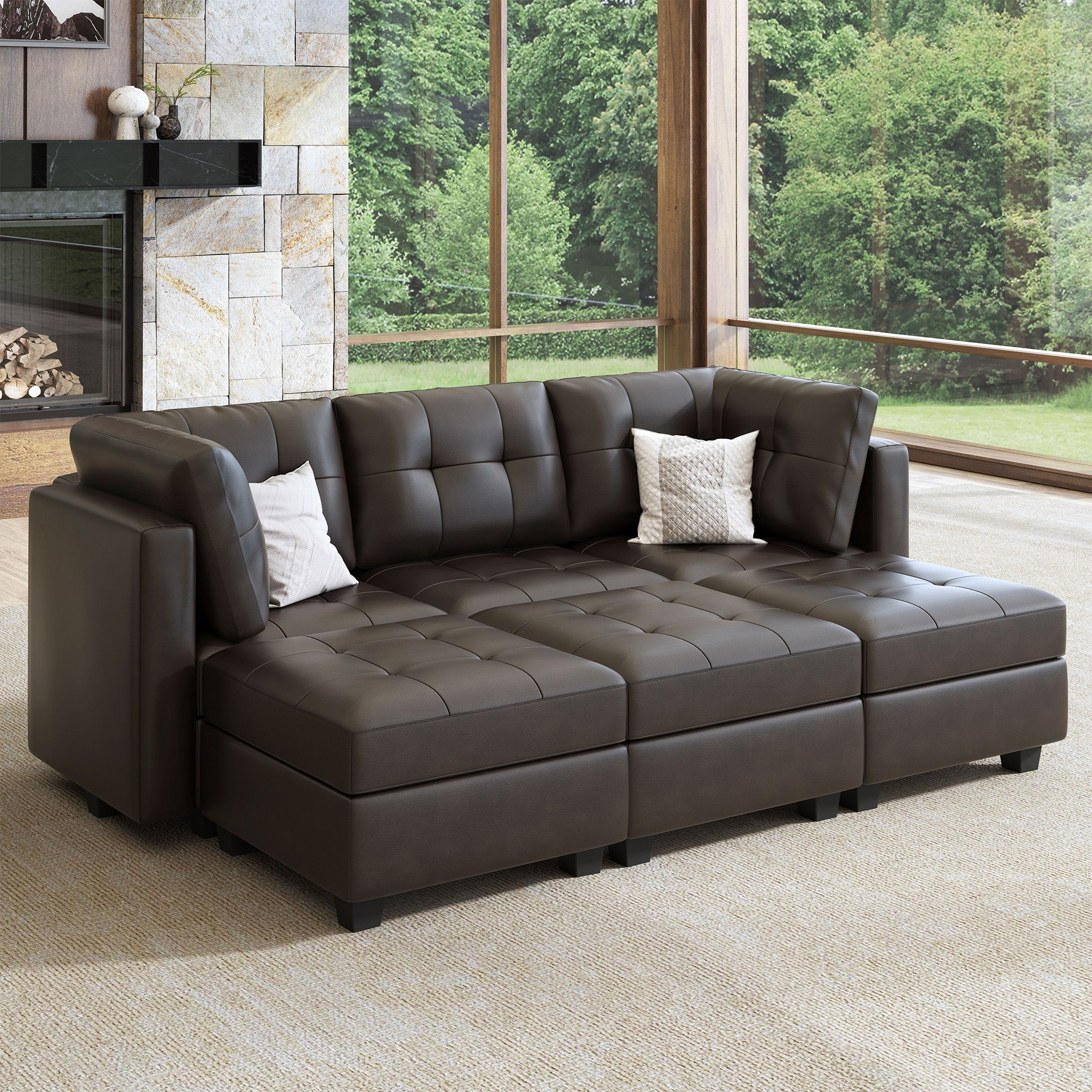 HONBAY Velvet Tufted 3-Seat Modular Sofa with Storage & Convertible Sofa Bed #Color_PU-Brown
