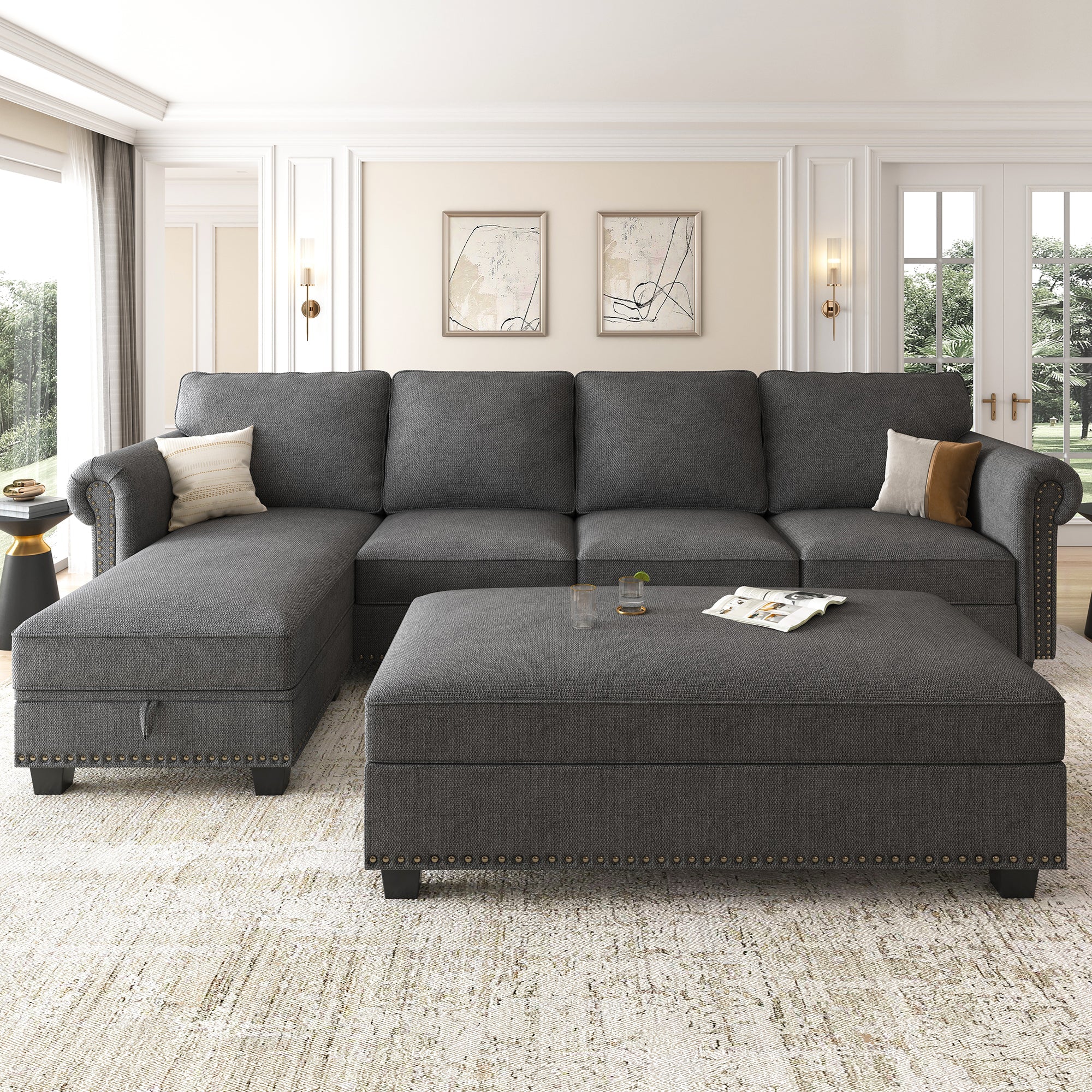NOLANY 5-Piece Polyester Convertible Sectional With Storage Ottoman