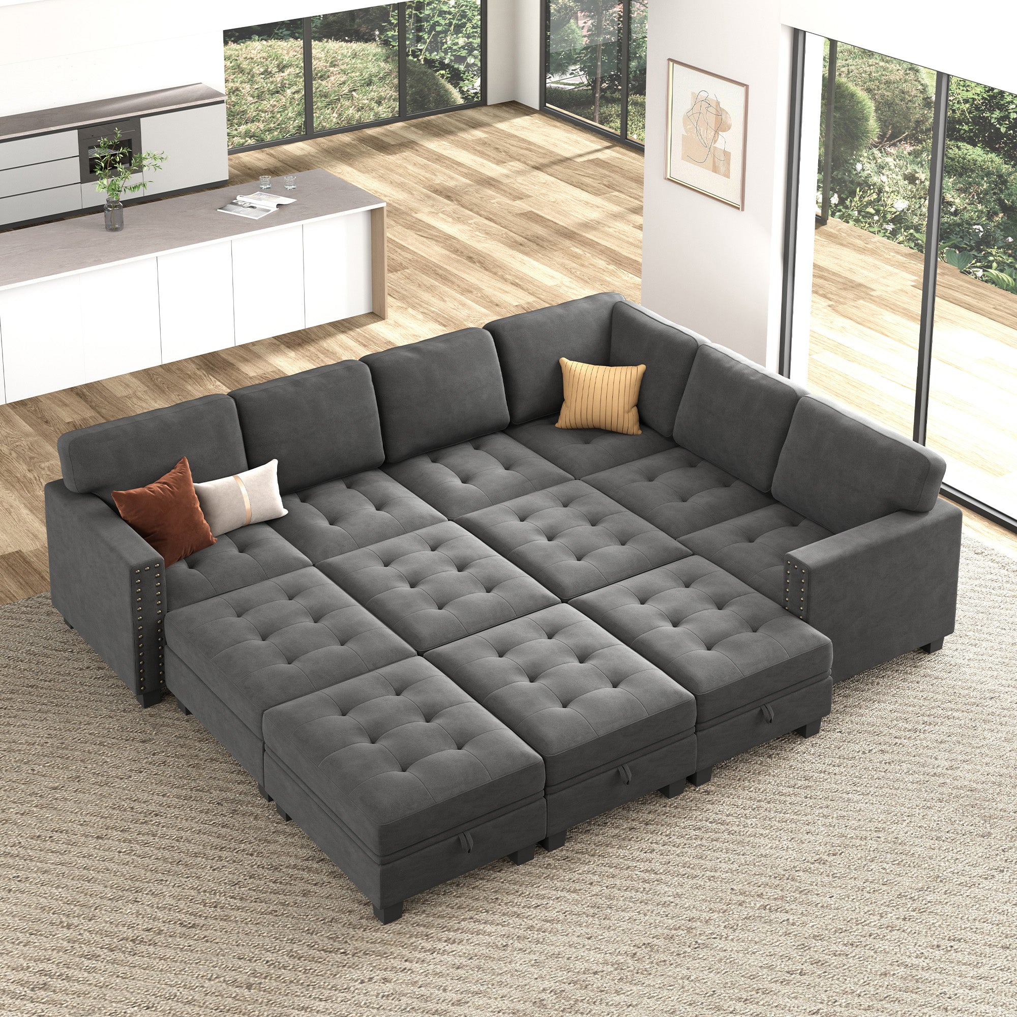 HONBAY Wraparound Modular Sofa 12-Seat With 5-Storage Space+1-Left Arm+1-Right Arm #Color_Grey