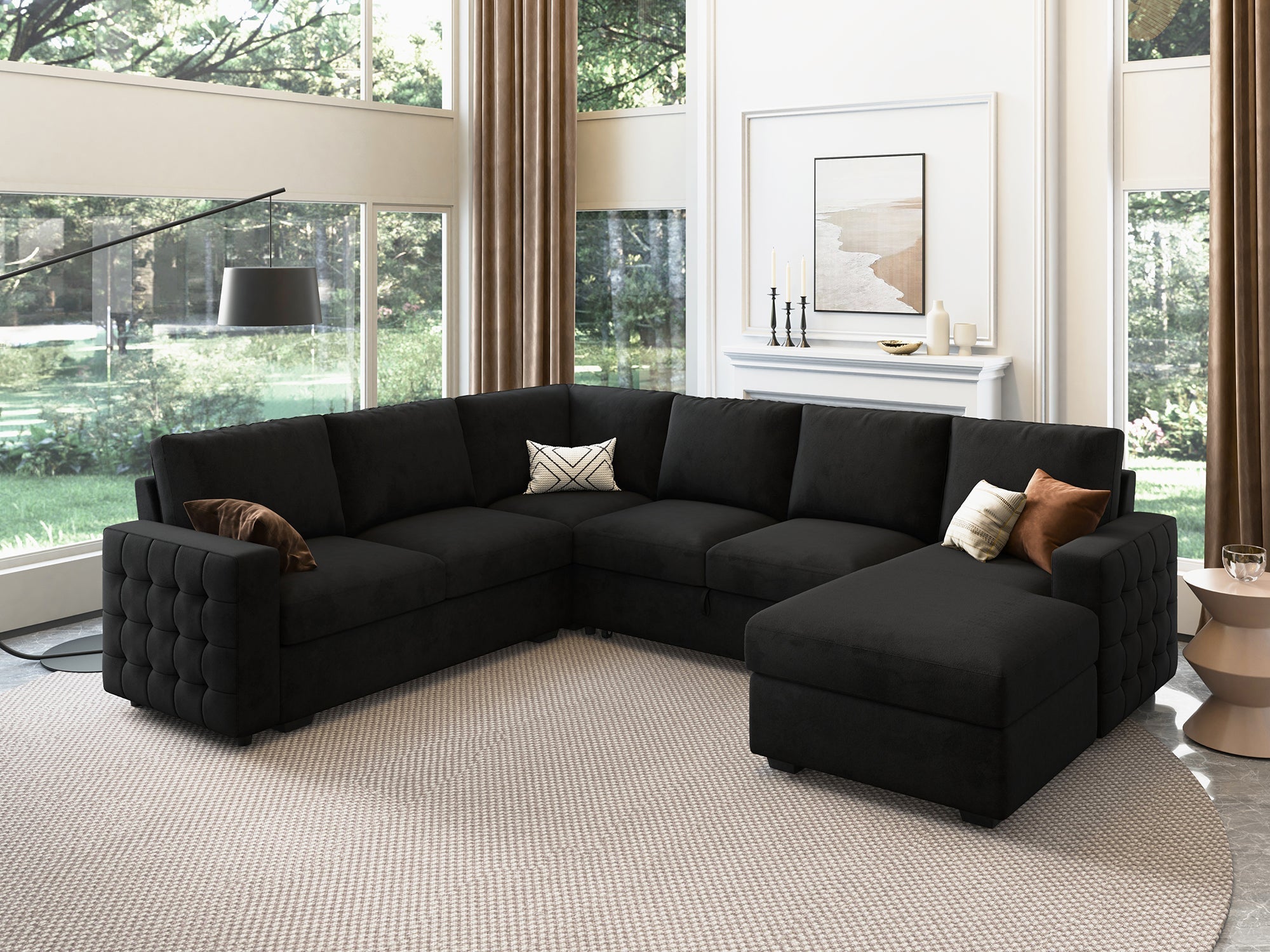 HONBAY 6-Piece Polyester Sleeper Sectional With Storage Space #Color_Velvet Black