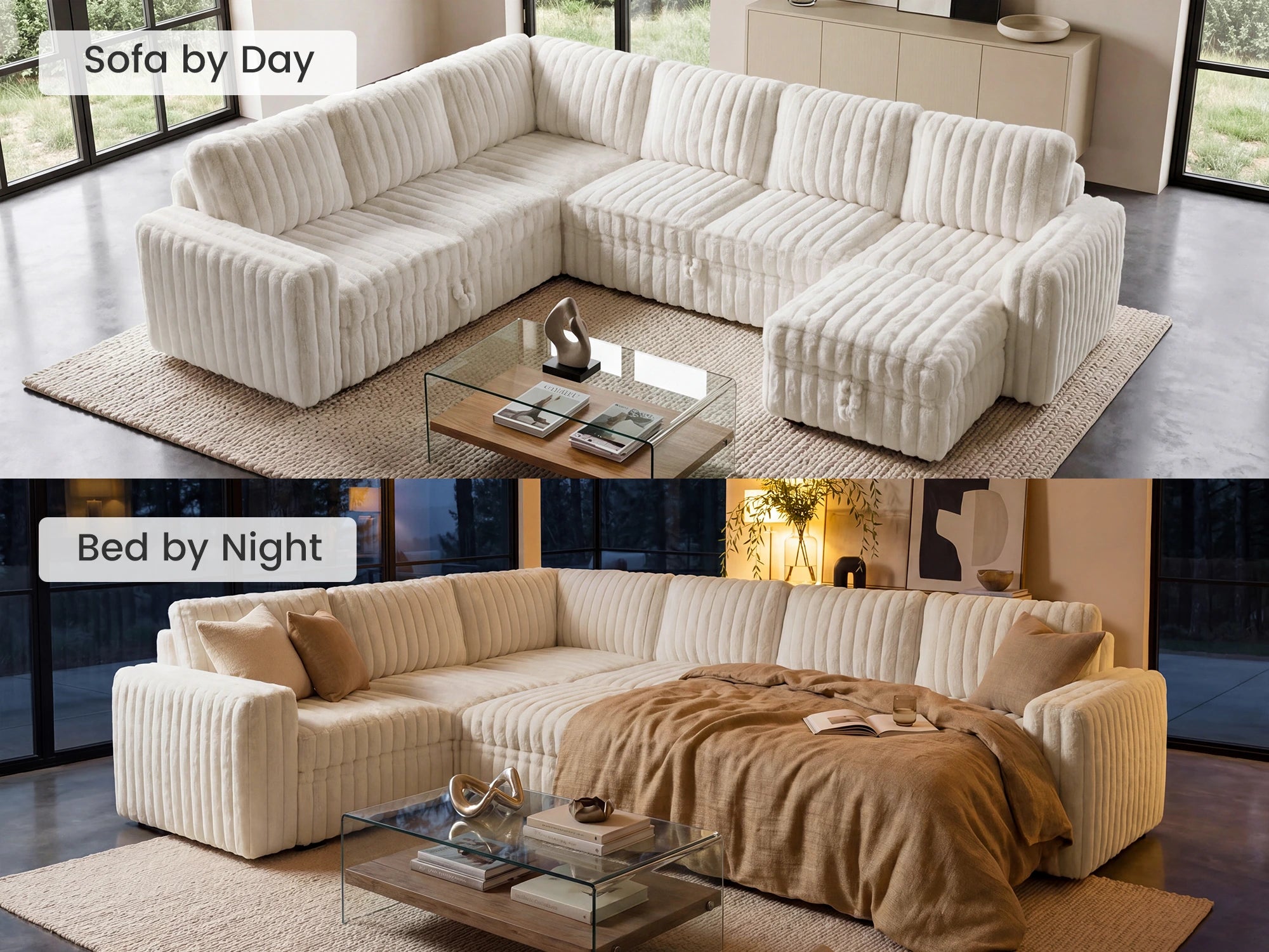 Molit 7-Piece Pull-Out Sectional
 #Color_Faux Rabbit Fur Ivory