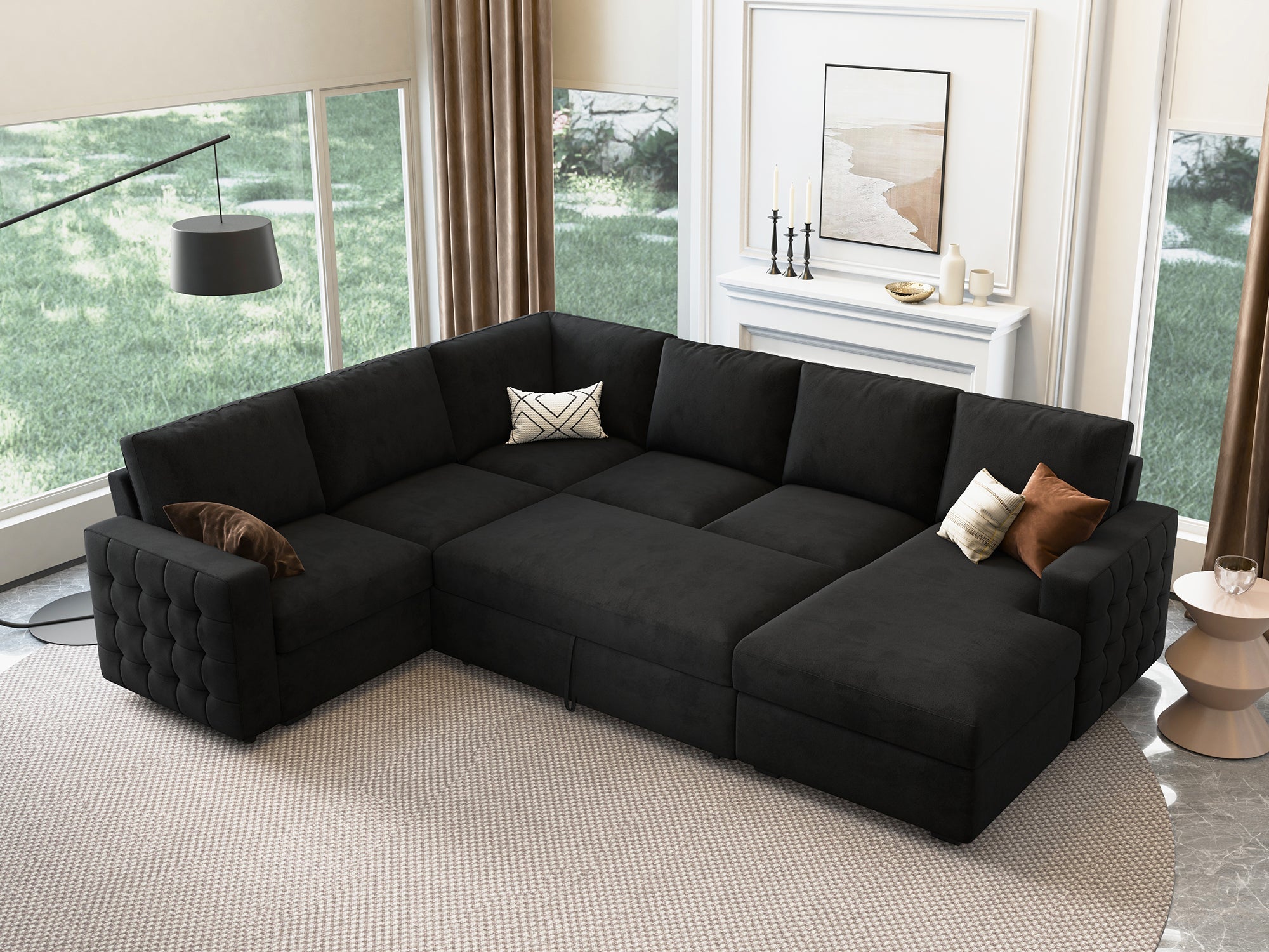 HONBAY 6-Piece Velvet Sleeper Sectional With Storage Space #Color_Black