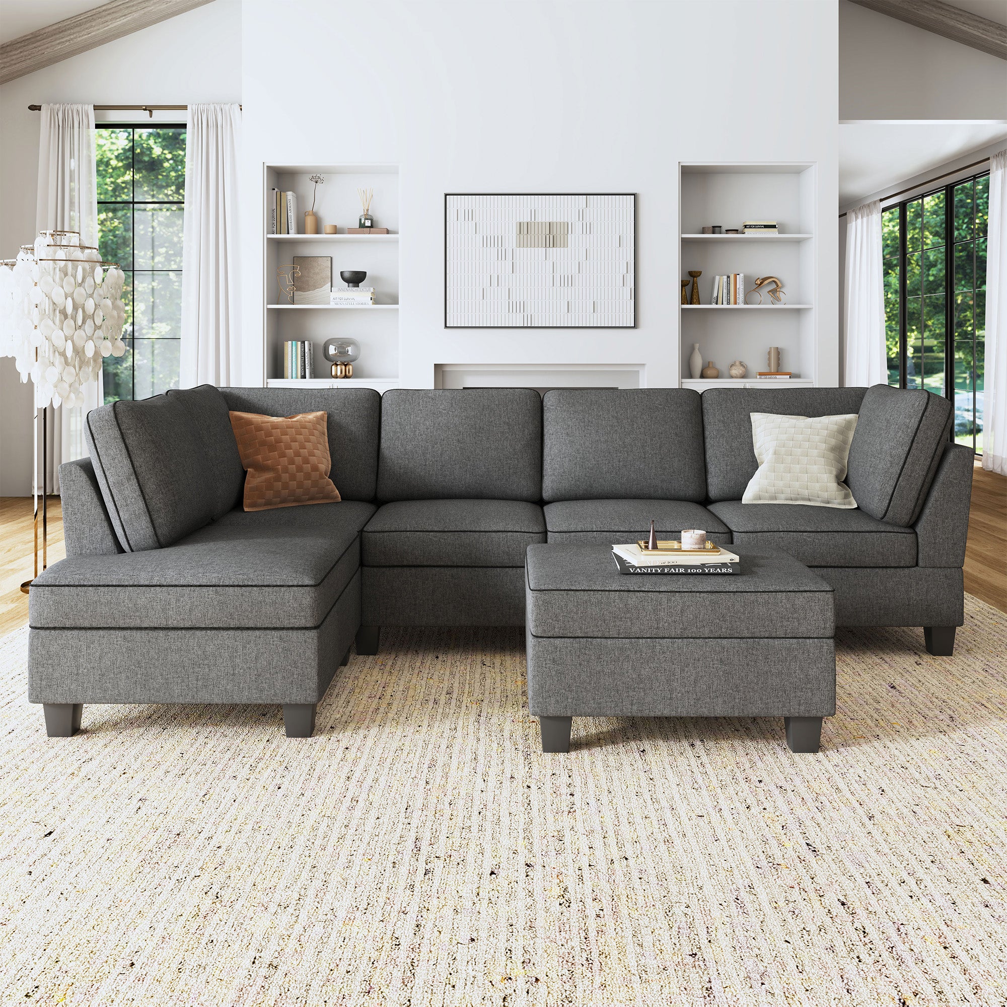 Modern L Shaped 4 Seat Fabirc Sectional Corner Sofa for Living