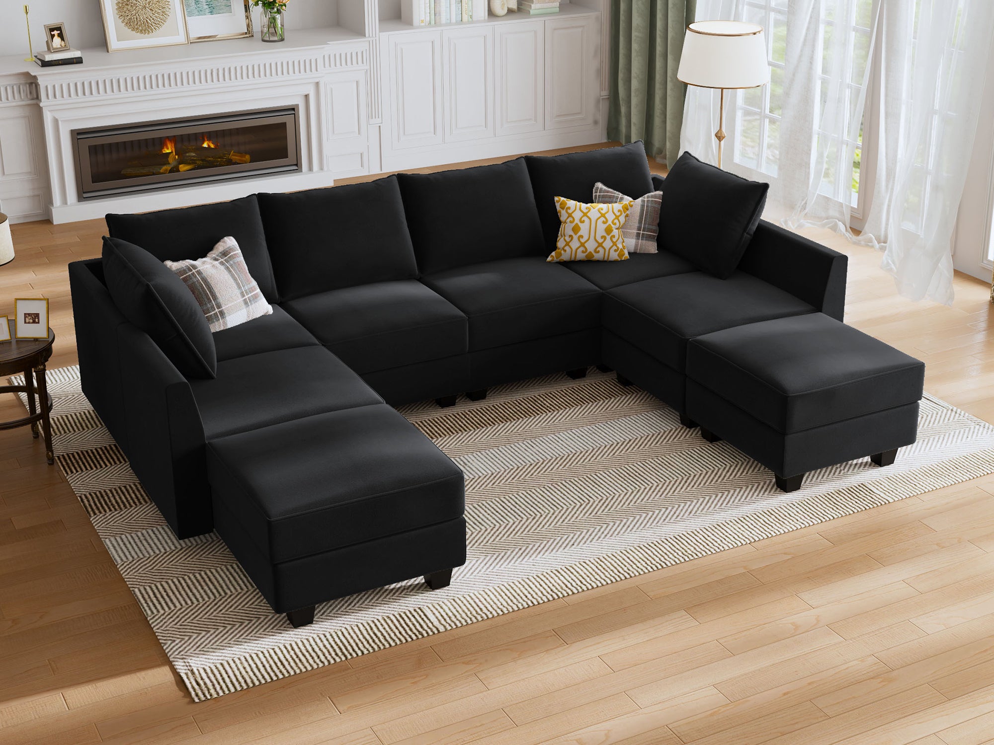 HONBAY Velvet 6-Seat Modular Sofa Bed with Storage Ottoman & Convertible Pit Sofa