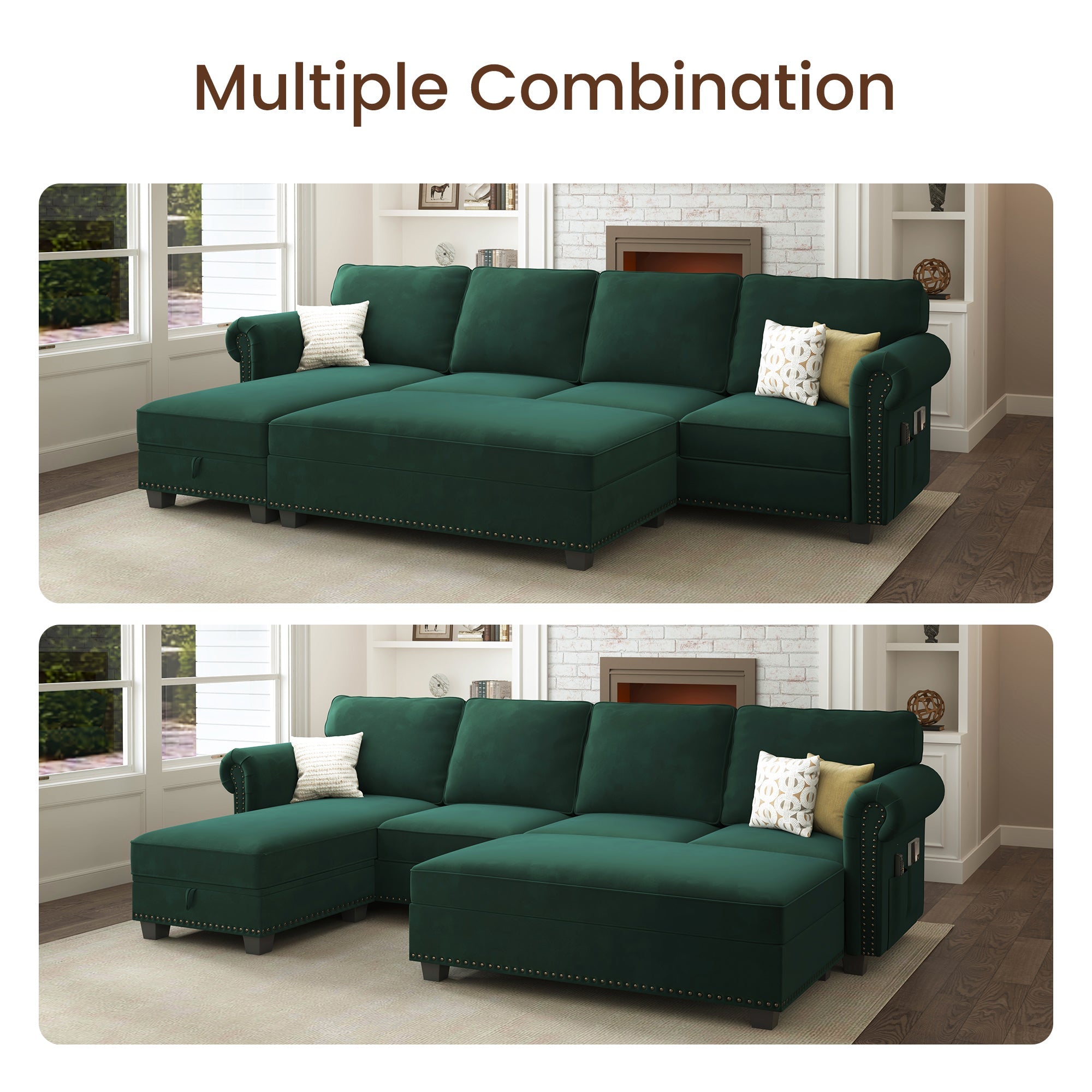 NOLANY 5-Piece Velvet Convertible Sectional With Storage Ottoman #Color_Green