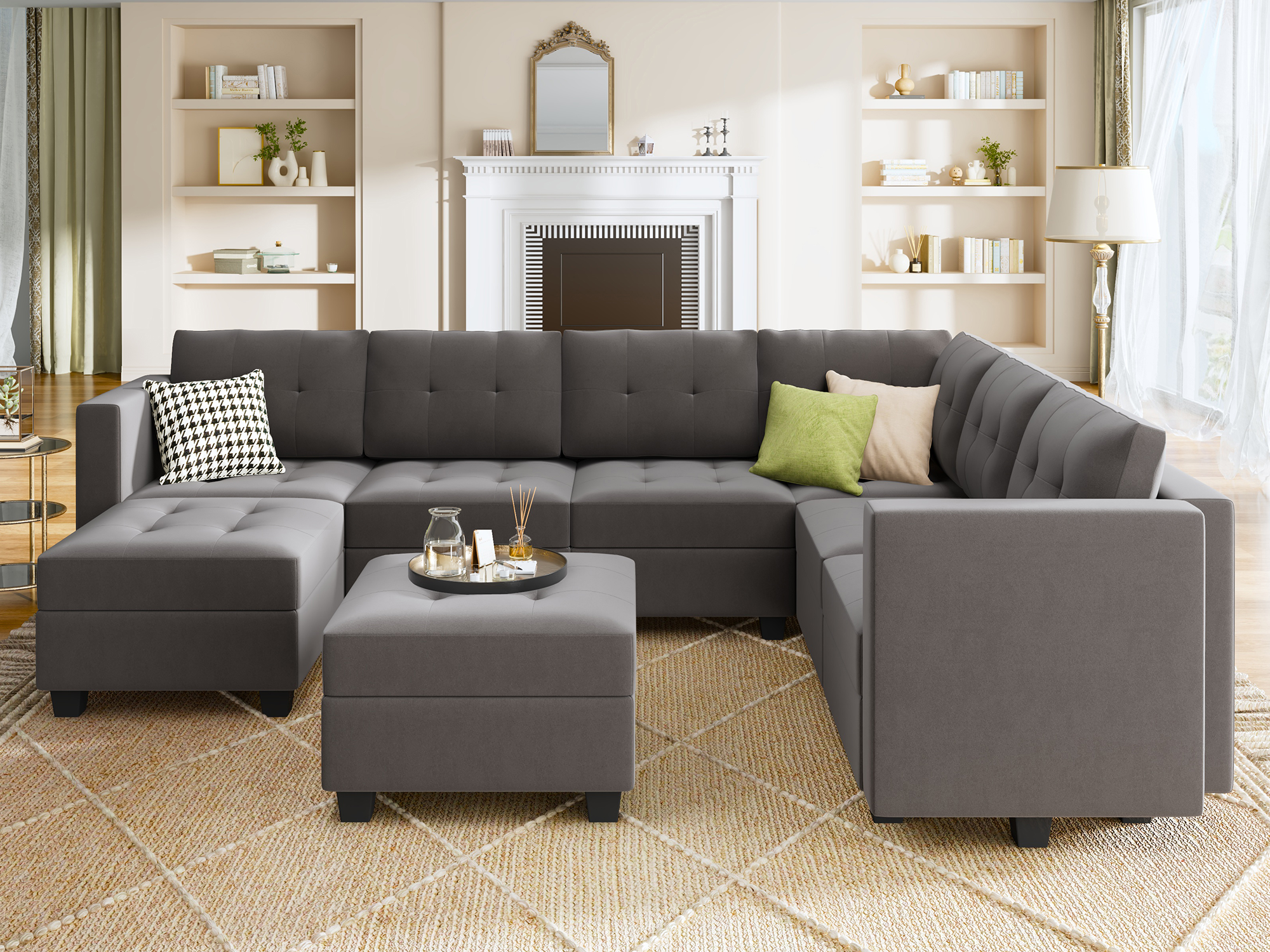 HONBAY Velvet Sectional Sofa Couch Set with Chaise and Tufted Back