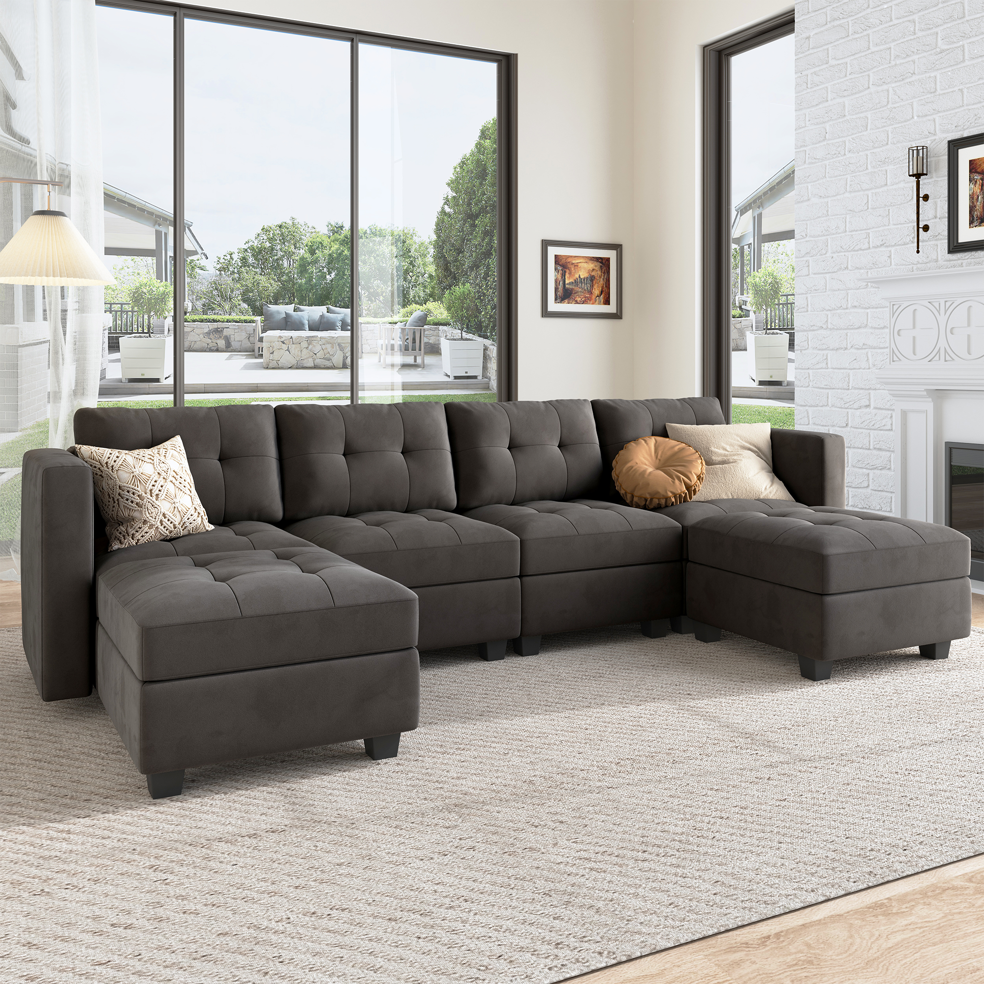 HONBAY Tufted Modular Sofa 4-Seat+1-Side Armrest+2-Ottoman with Storage Seater
