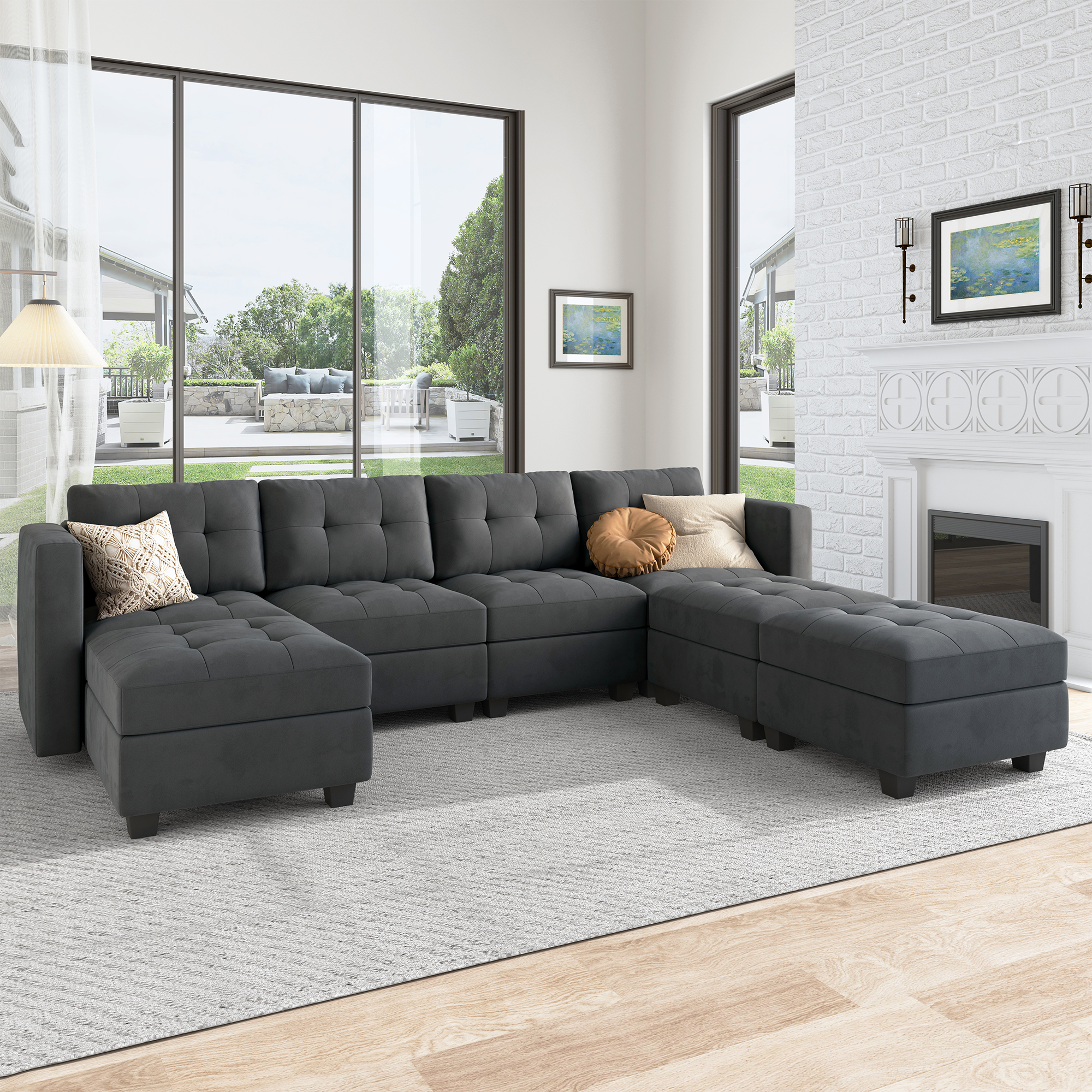 HONBAY Tufted Modular Sofa 4-Seat+1-Side Armrest+3-Ottoman with Storage Seater