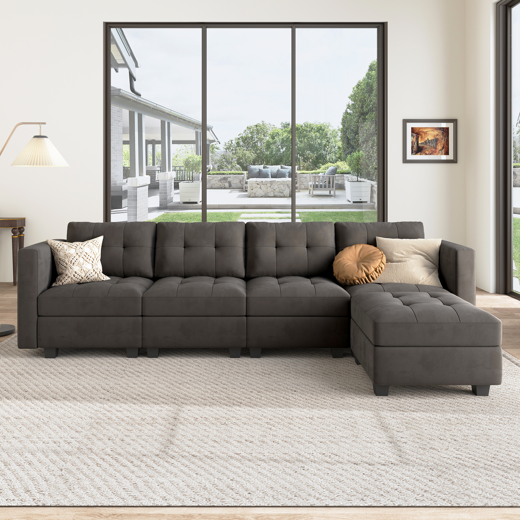 HONBAY Tufted Modular Sofa 4-Seat+1-Side Armrest+1-Ottoman with Storage Seater