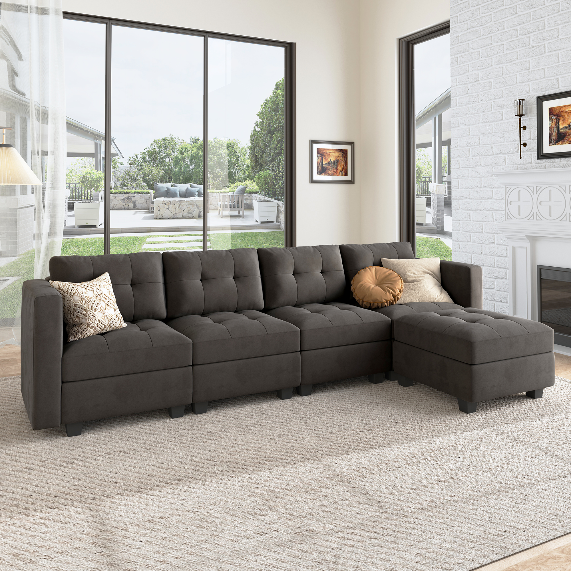HONBAY Tufted Modular Sofa 4-Seat+1-Side Armrest+1-Ottoman with Storage Seater