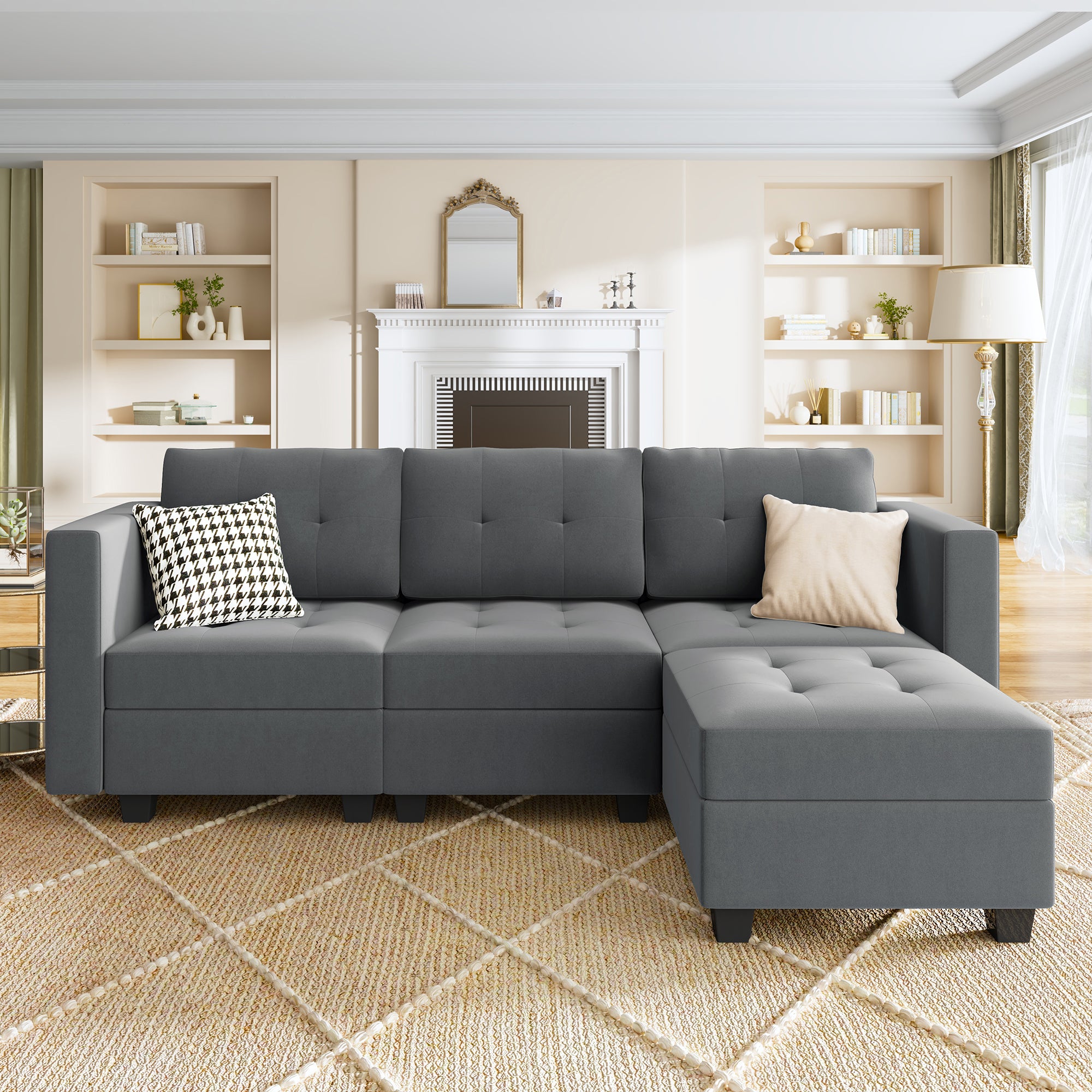 HONBAY Tufted Modular Sofa 3-Seat+1-Side Armrest+1-Ottoman with Storage Seater