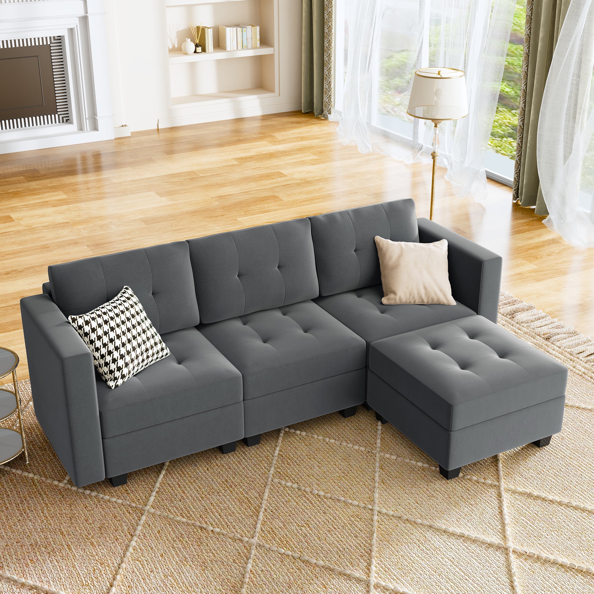 HONBAY Tufted Modular Sofa 3-Seat+1-Side Armrest+1-Ottoman with Storage Seater