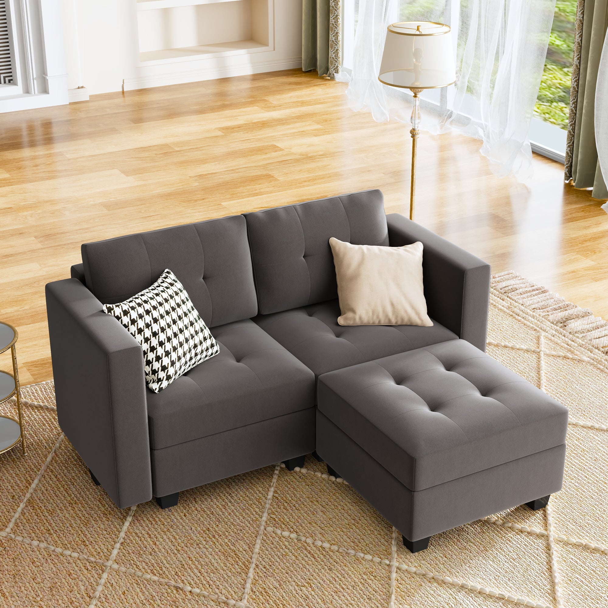 HONBAY Tufted Modular Sofa 2-Seat+1-Side Armrest+1-Ottoman with Storage Seater