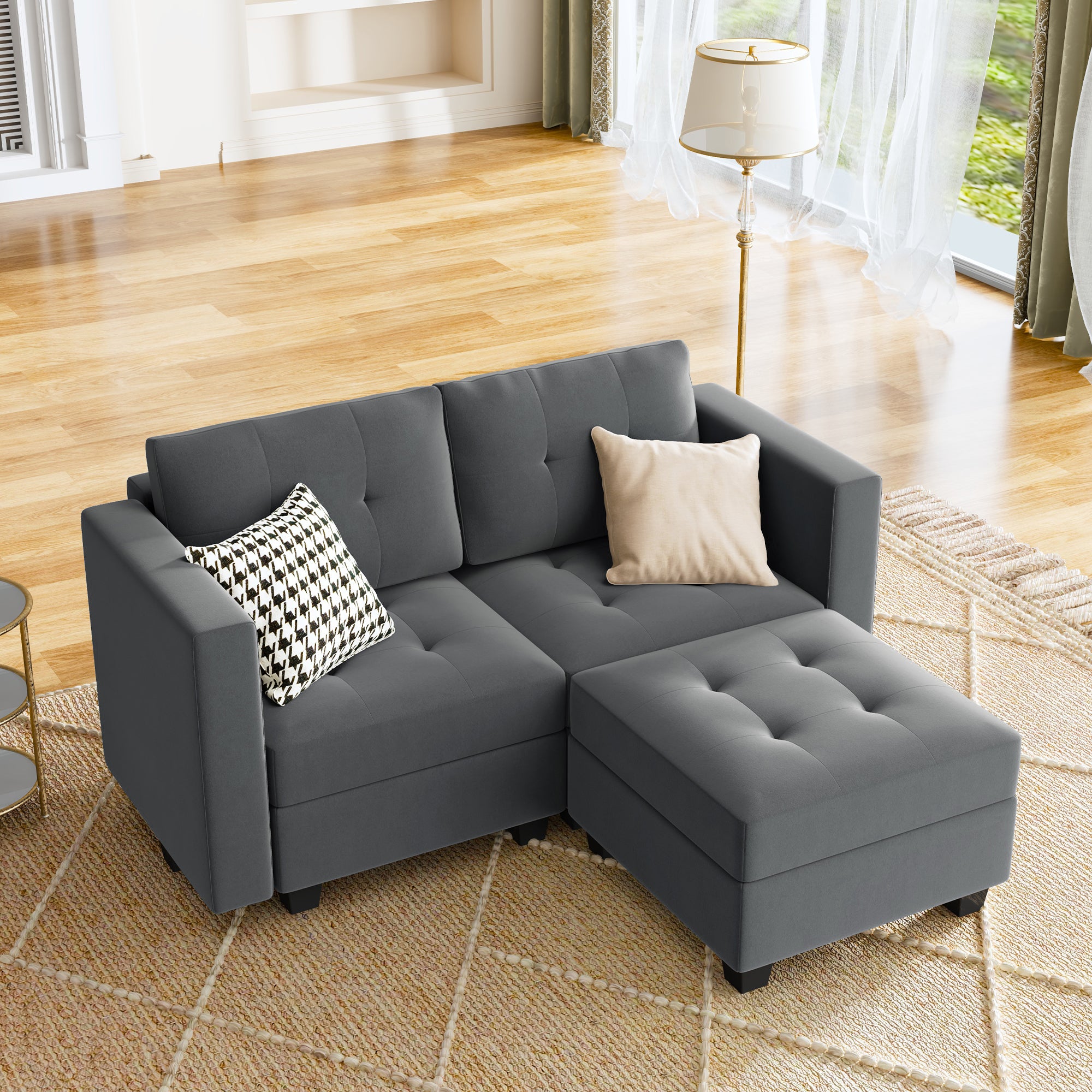HONBAY Tufted Modular Sofa 2-Seat+1-Side Armrest+1-Ottoman with Storage Seater