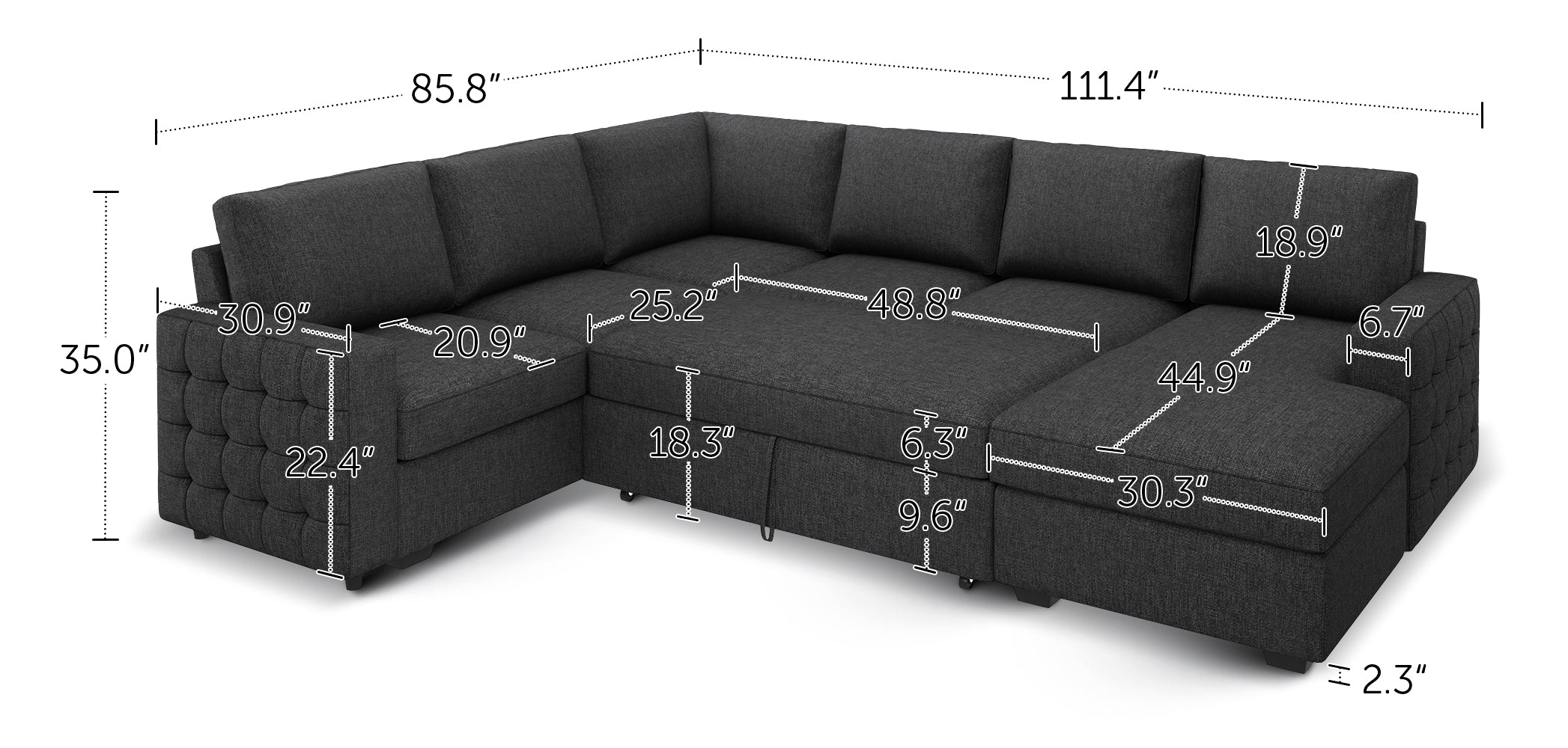 HONBAY 6-Piece Polyester Sleeper Sectional With Storage Space #Color_Dark Grey