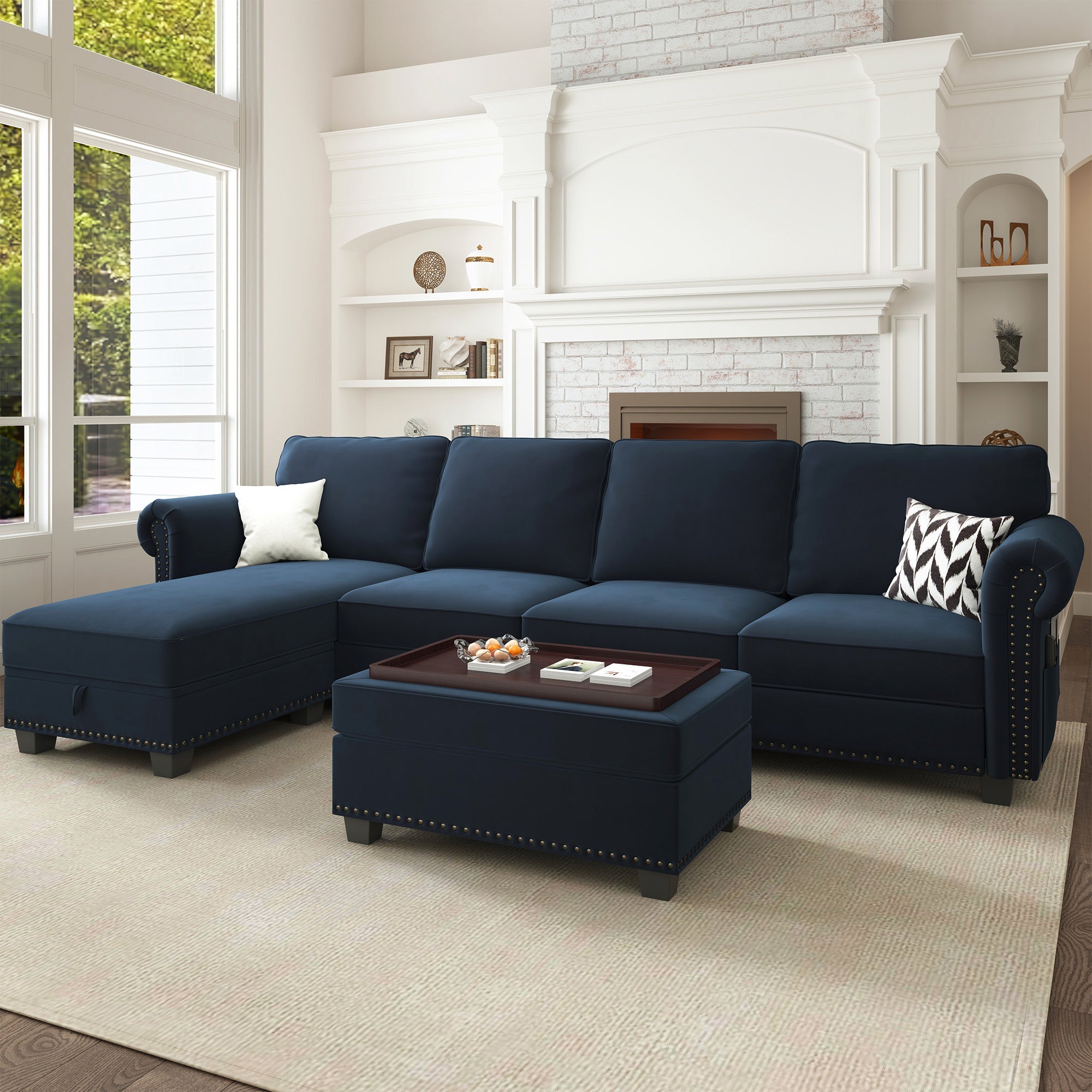 NOLANY 5-Piece Polyester Convertible Sectional With Tray Ottoman #Color_Blue