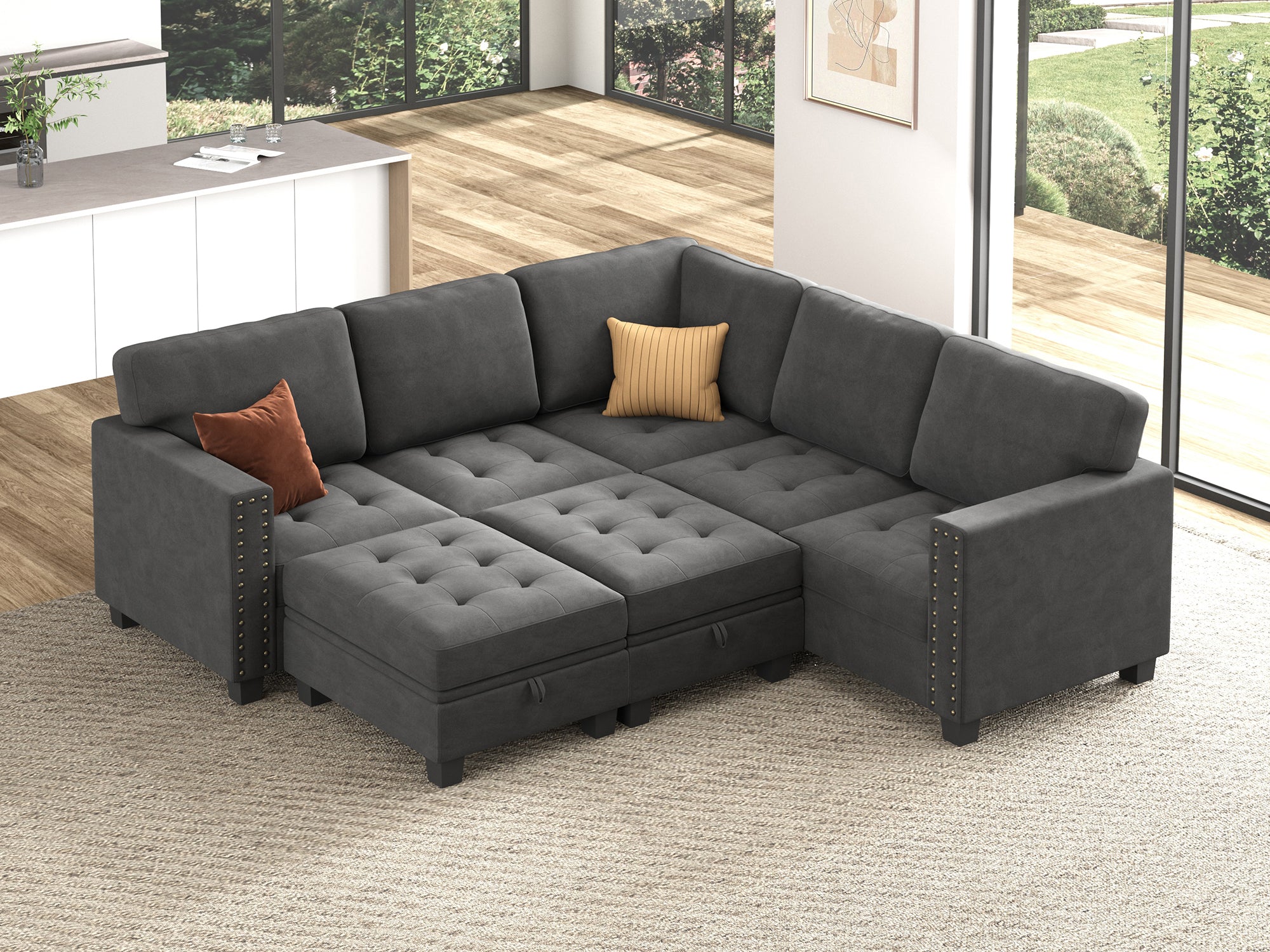 HONBAY 7-Piece Velvet Modular Sleeper Sectional With Storage Space