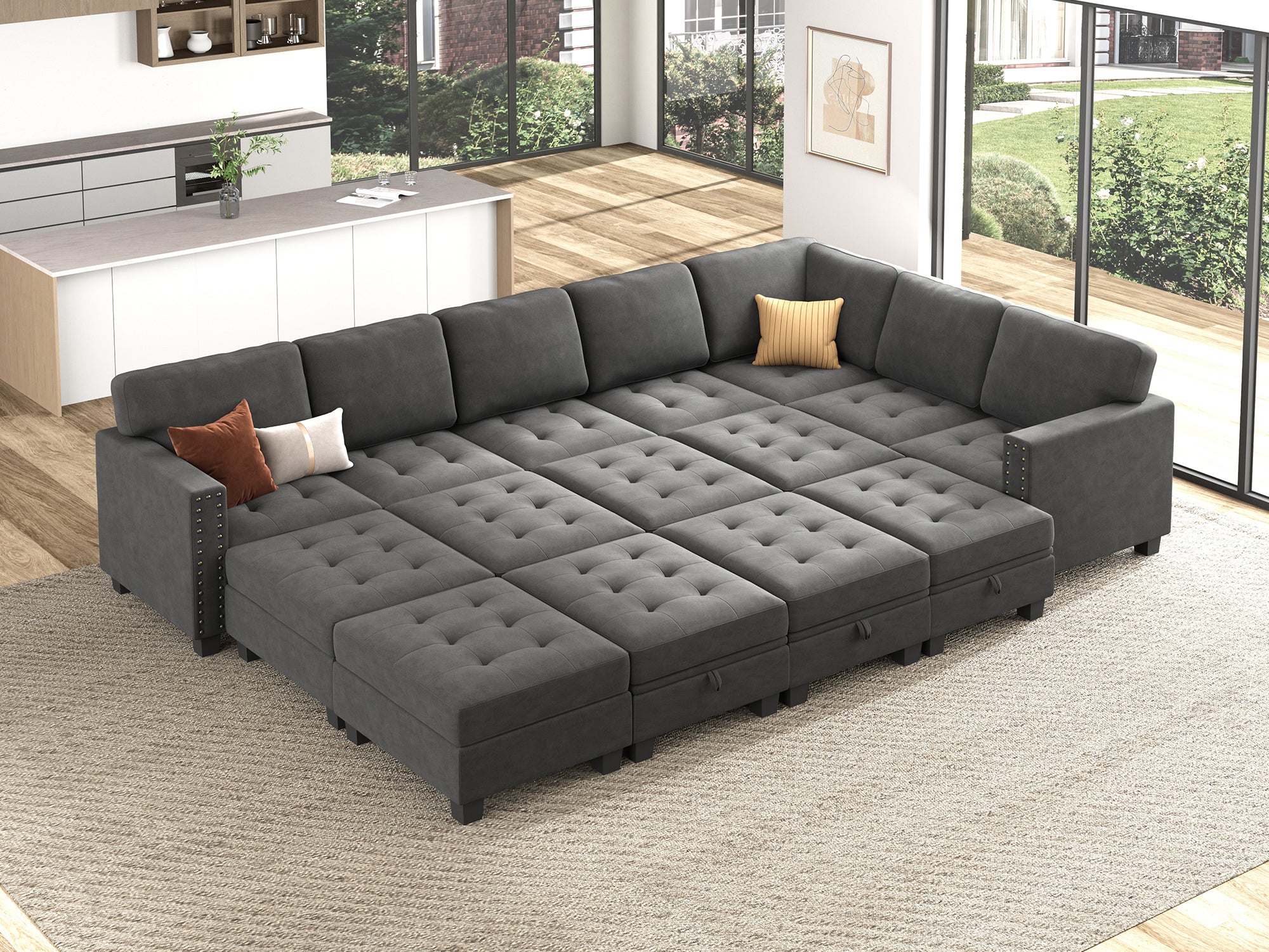 HONBAY 15-Piece Velvet Modular Sleeper Sectional With Storage Space