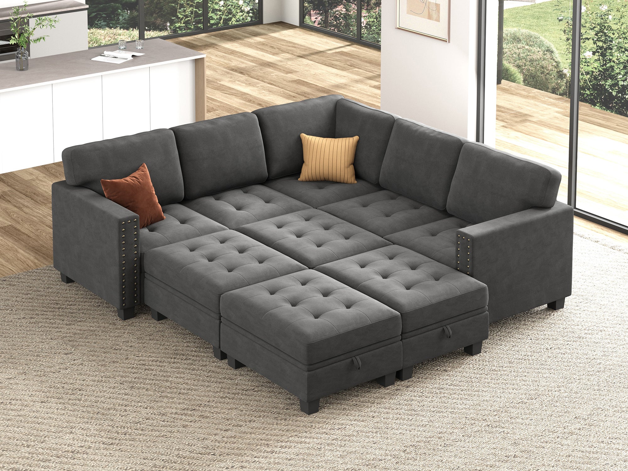 HONBAY 9-Piece Velvet Modular Sleeper Sectional With Storage Space