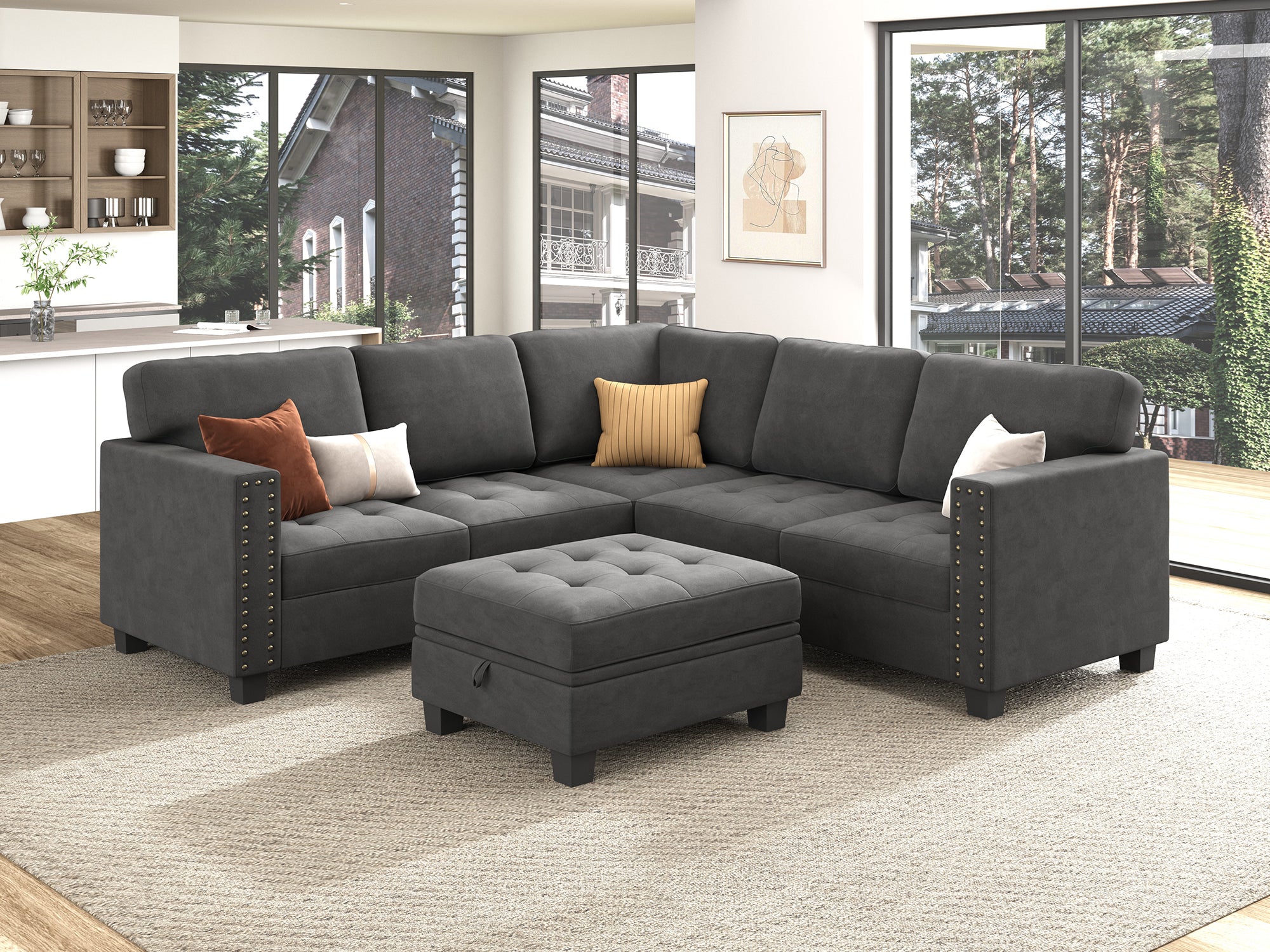 HONBAY 6-Piece Velvet Modular Sectional With Storage Ottoman