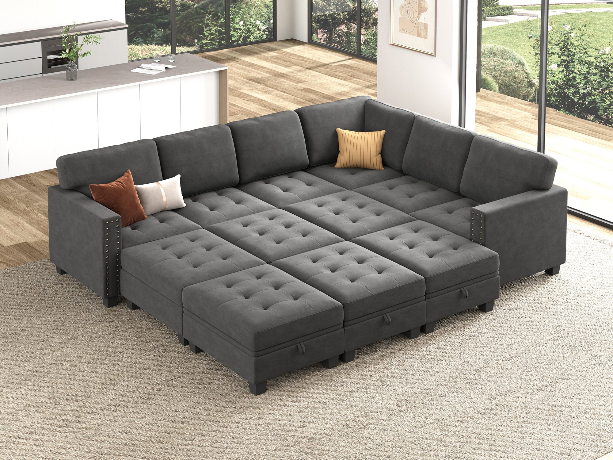 HONBAY 12-Piece Velvet Modular Sleeper Sectional With Storage Space