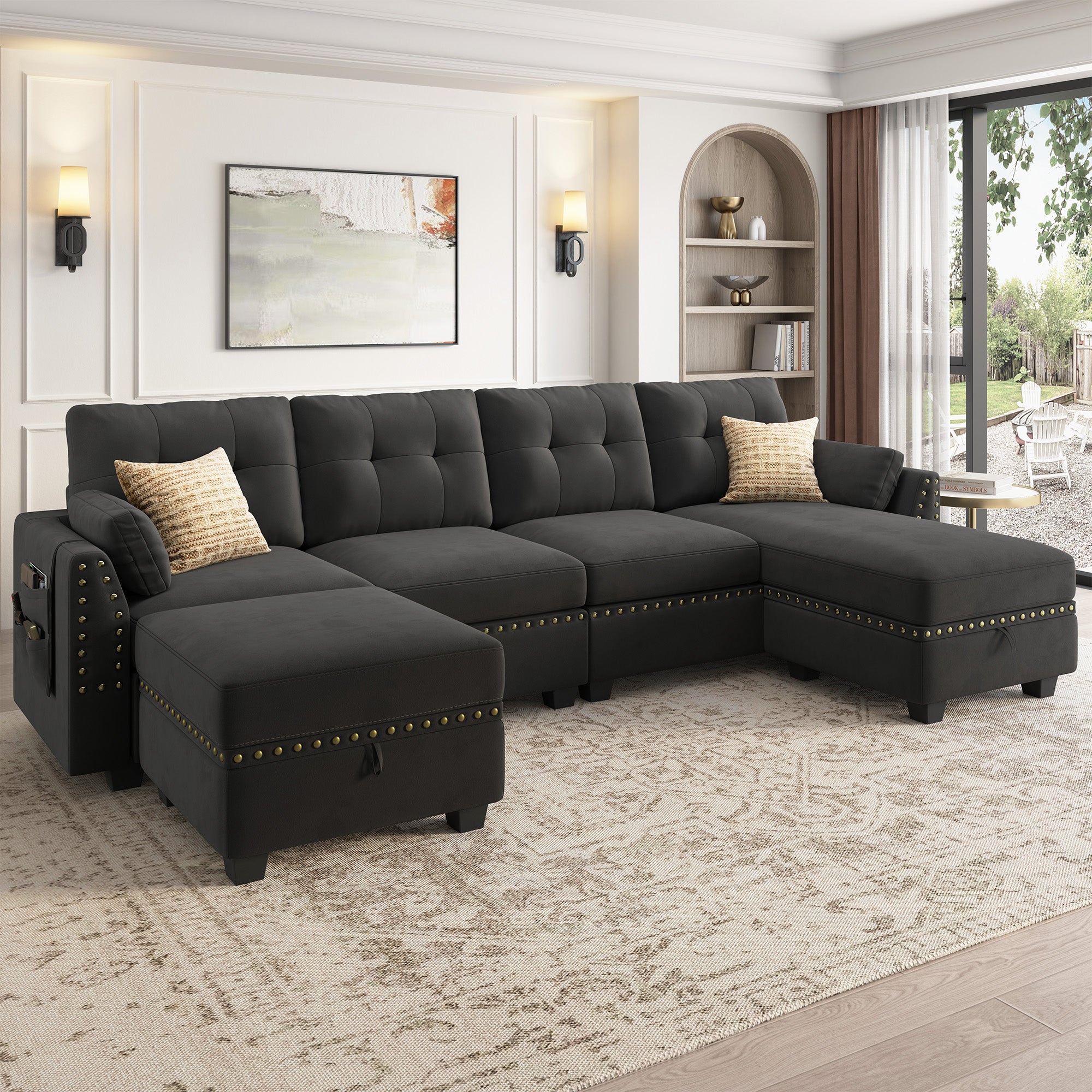 HONBAY Velvet 4-Seat U-Shaped Sectional Sofa with Storage Reversible Chaise Set