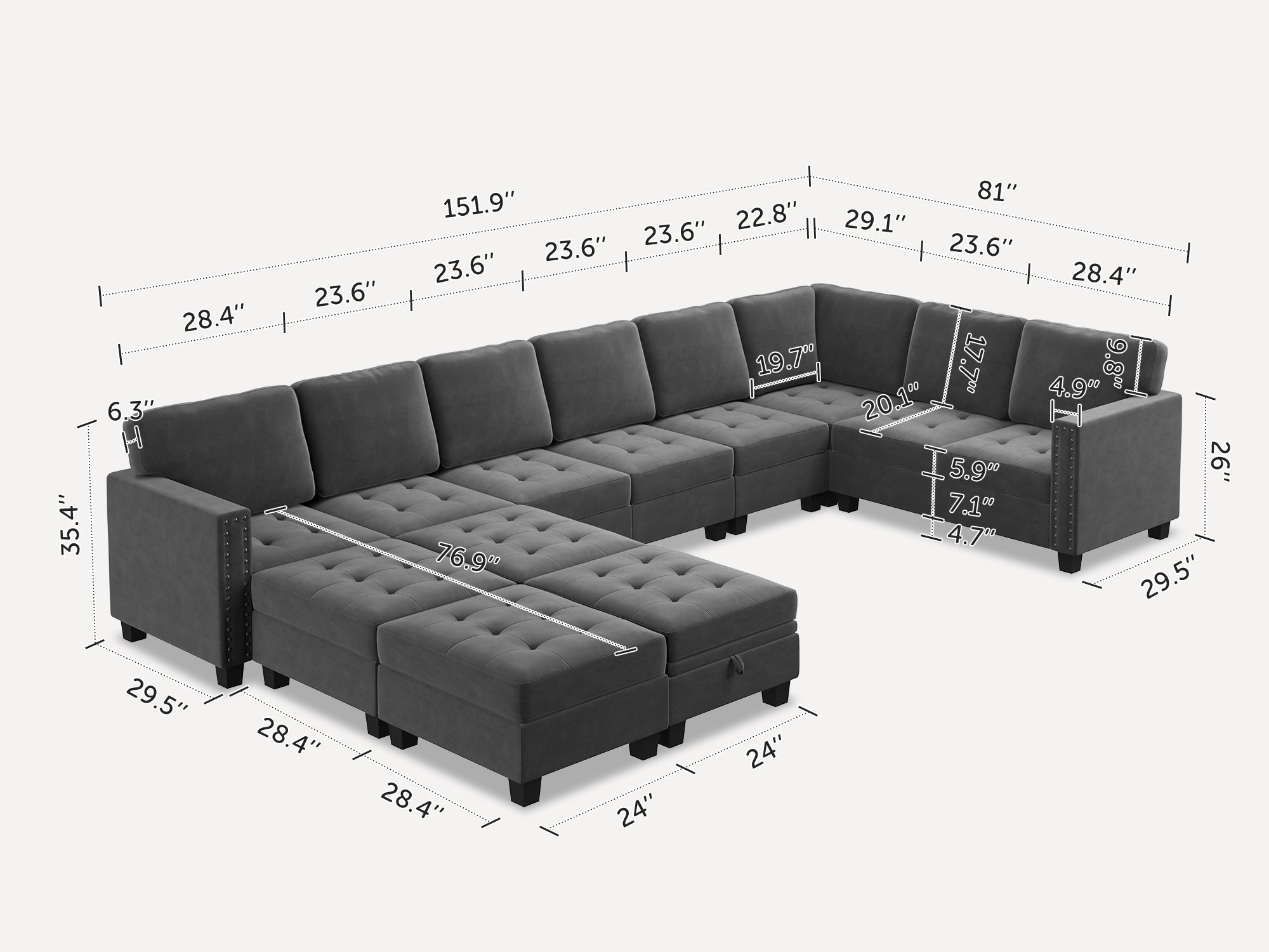 HONBAY 12-Piece Velvet Modular Sleeper Sectional With Storage Space