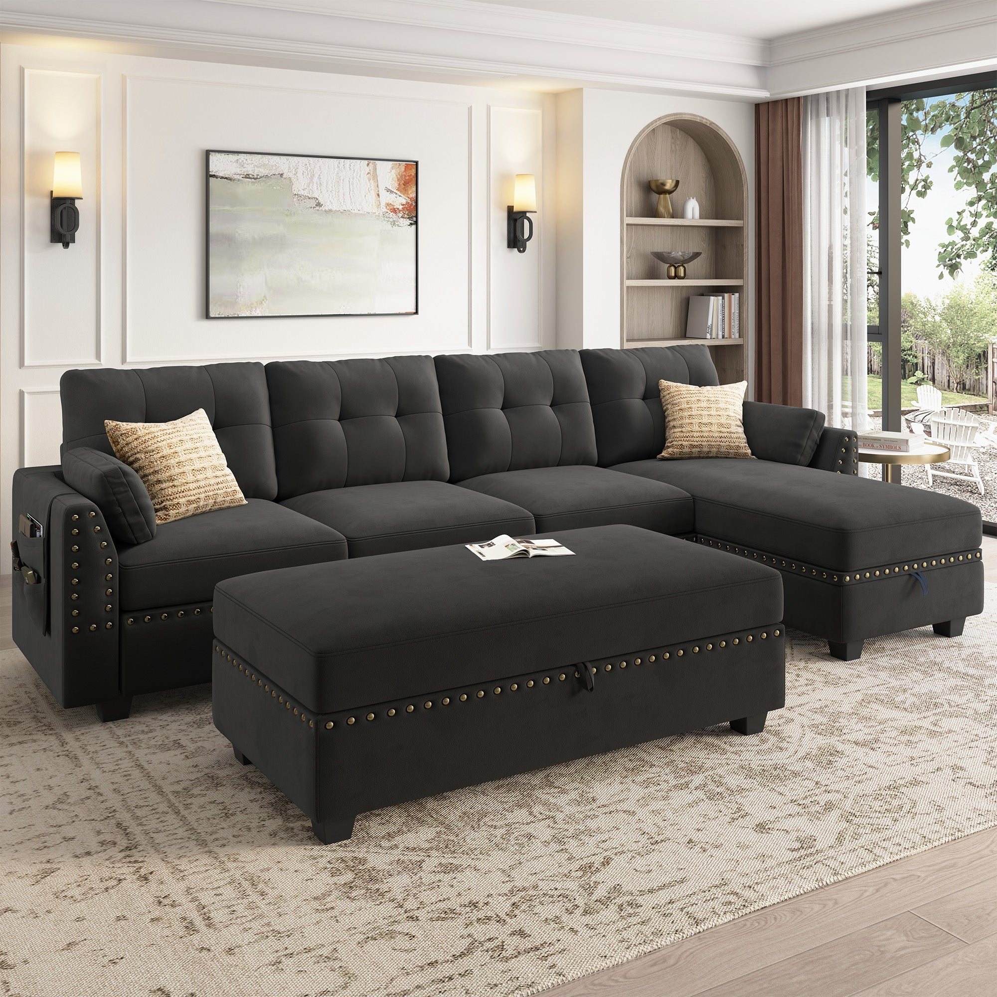 HONBAY Velvet 4-Seat L-Shaped Sectional Sofa with Storage Ottoman