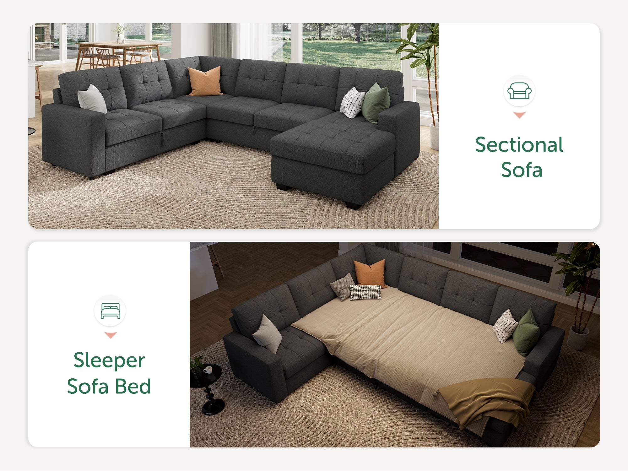 HONBAY 6-Piece Polyester Sleeper Sectional Sofa With Storage Space