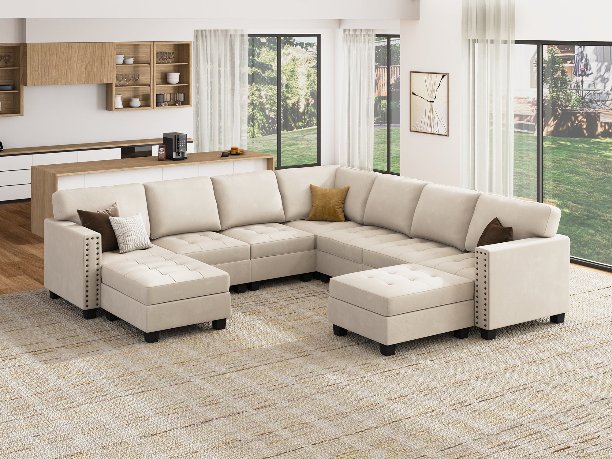 HONBAY 8-Piece Velvet Modular Sectional Sofa With Storage Ottoman