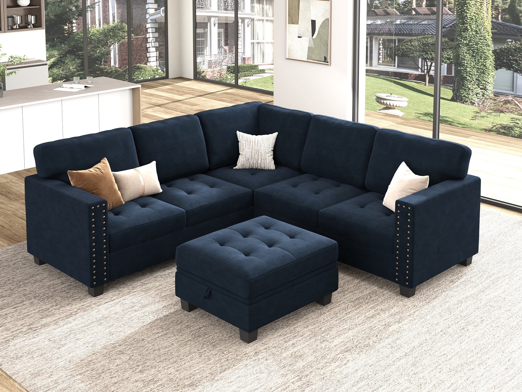 HONBAY 6-Piece Velvet Modular Sectional With Storage Ottoman