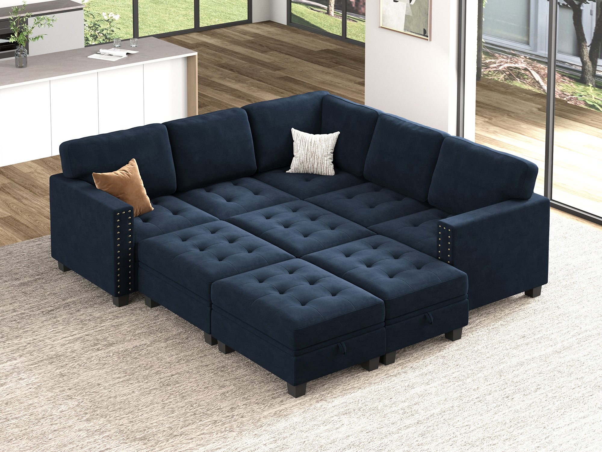 HONBAY 9-Piece Velvet Modular Sleeper Sectional With Storage Space