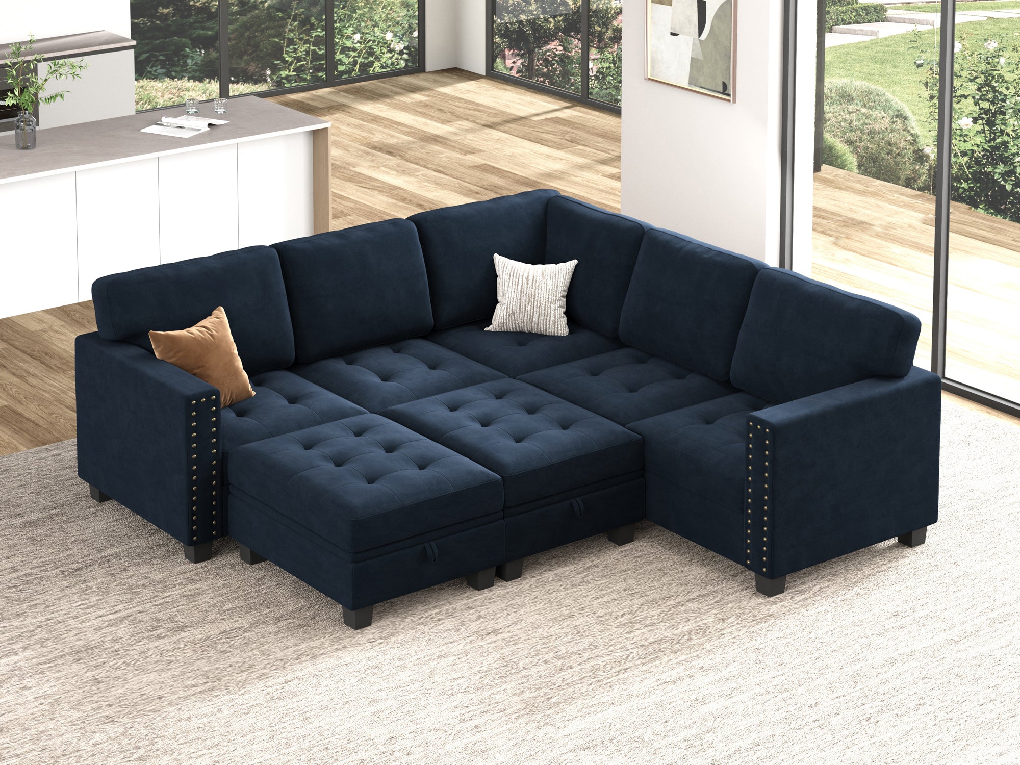 HONBAY 7-Piece Velvet Modular Sleeper Sectional With Storage Space