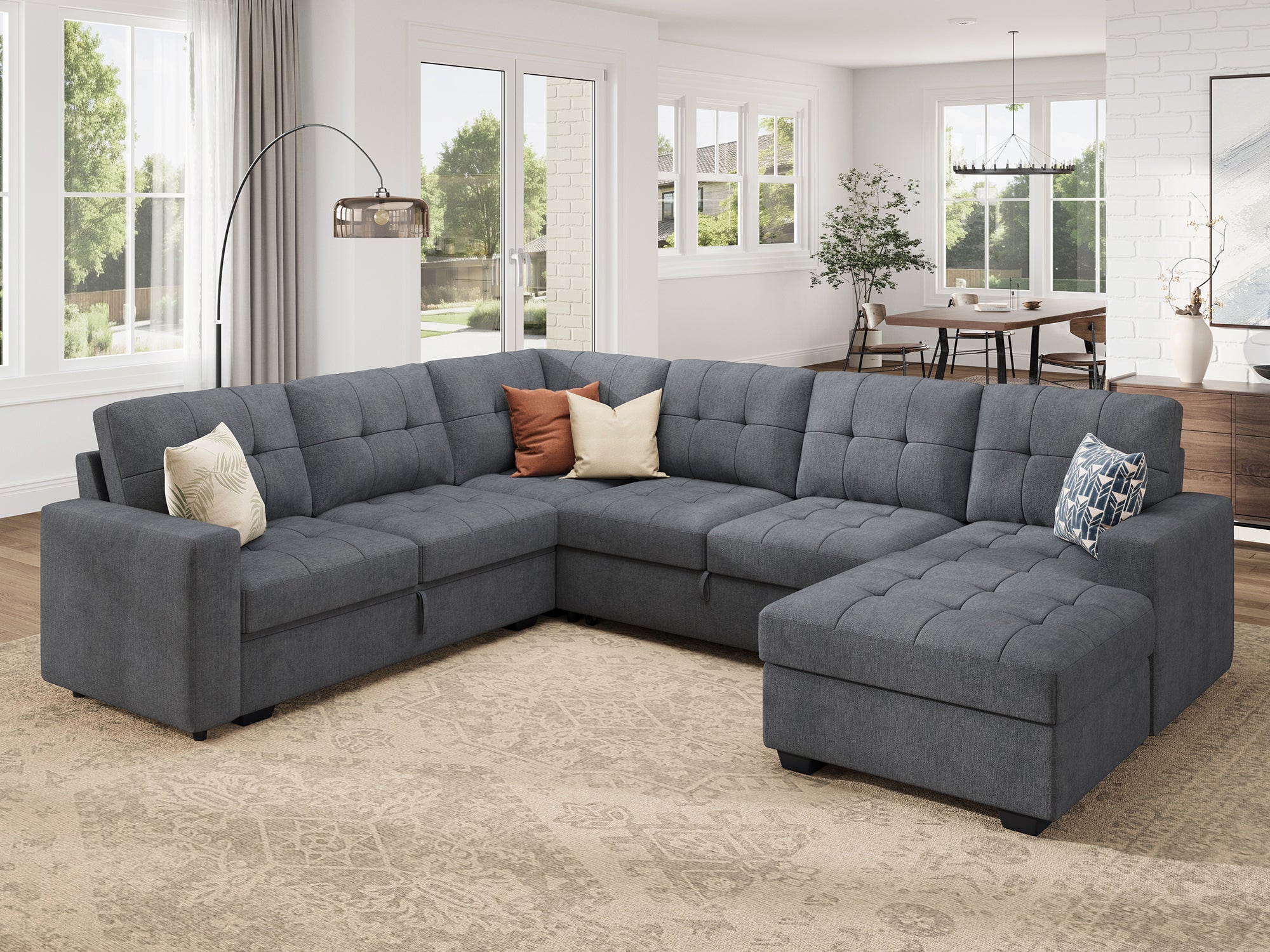 HONBAY 6-Piece Polyester Sleeper Sectional Sofa With Storage Space